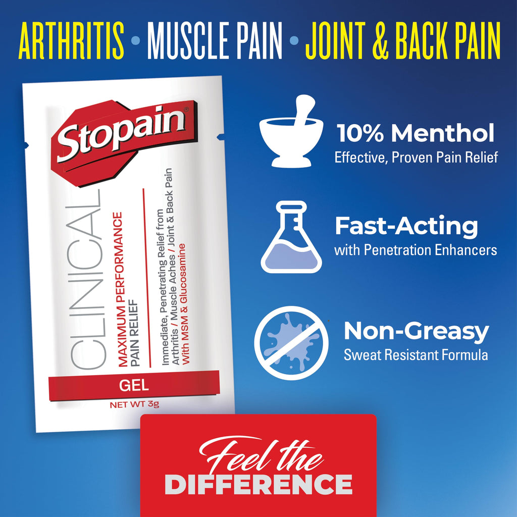 Stopain Pain Relief Clinical Gel Packets, Made in USA, Maximum Performance Pain Relief with 10% Menthol Plus Glucosamine for Muscle Aches, Joint Pain, and Arthritis (100 Pack) Stopain Au supplements