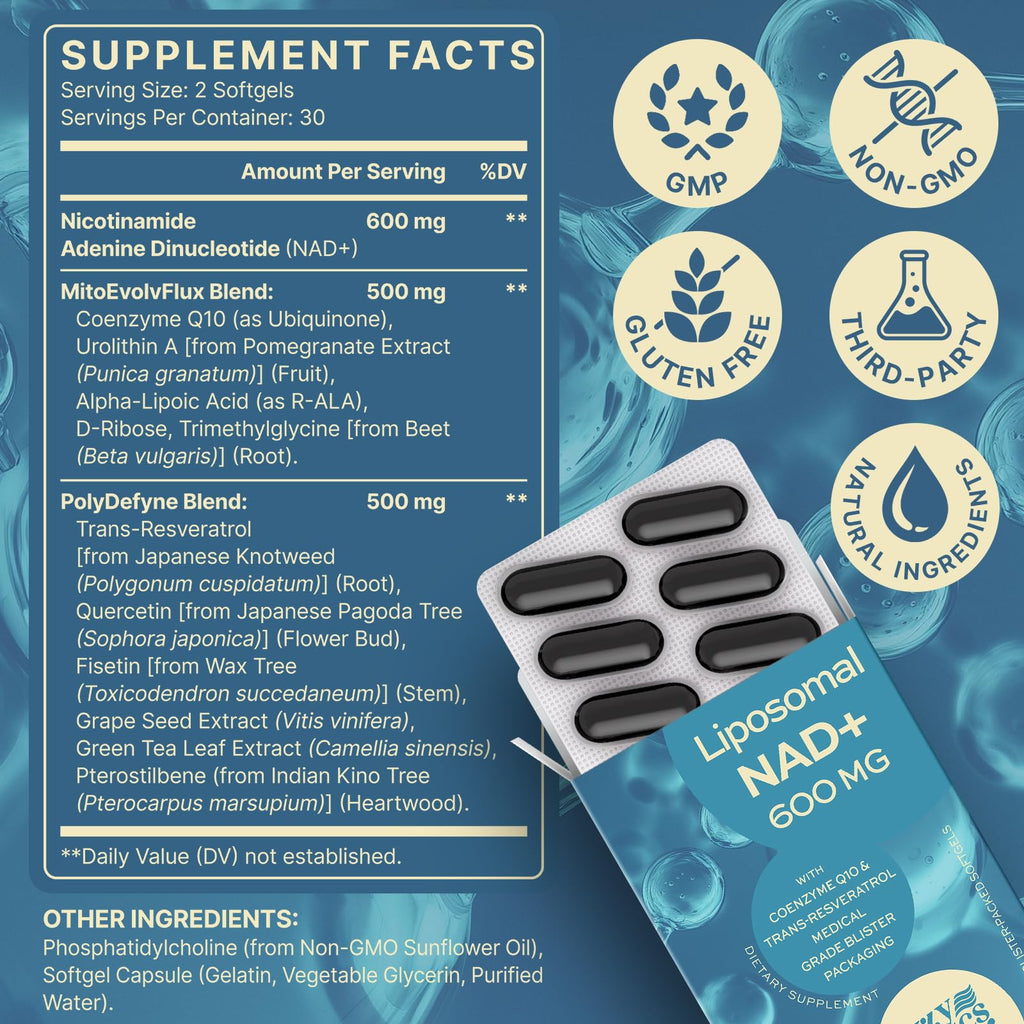 SYZY GENICS NAD+ Supplement 1600mg Extra Strength - Liposomal NMN Alternative with Resveratrol, Urolithin A, CoQ10, Quercetin & ALA - Mitochondrial Energy & Anti-Aging, Cell Regeneration, 60 Softgels SYZY GENICS Au supplements