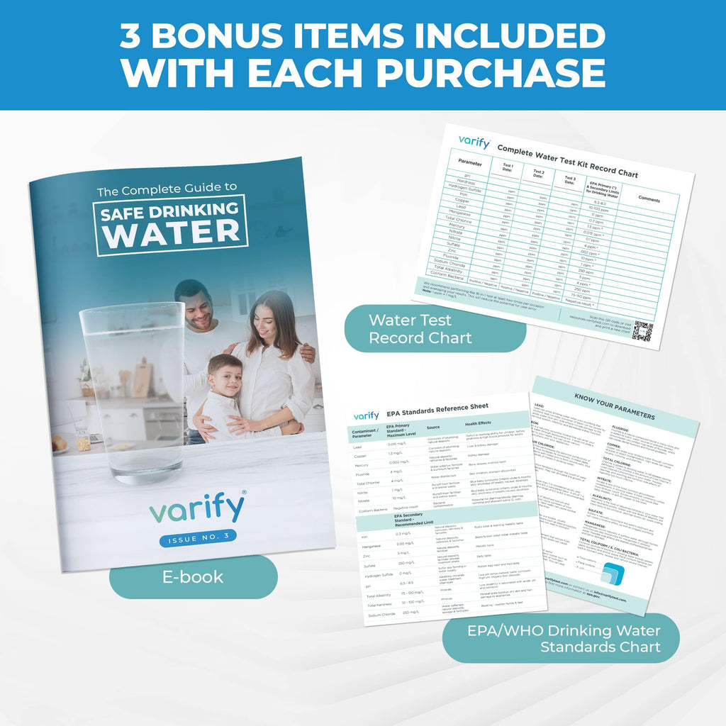 Varify 17in1 Complete Drinking Water Test Kit - 100 Strips + 2 Bacteria Tester Kits - Well, Tap, Home, City Water Testing Strip for Lead, Alkaline, Chlorine, Hardness, Iron, Fluoride, Copper & More VARIFY Au supplements