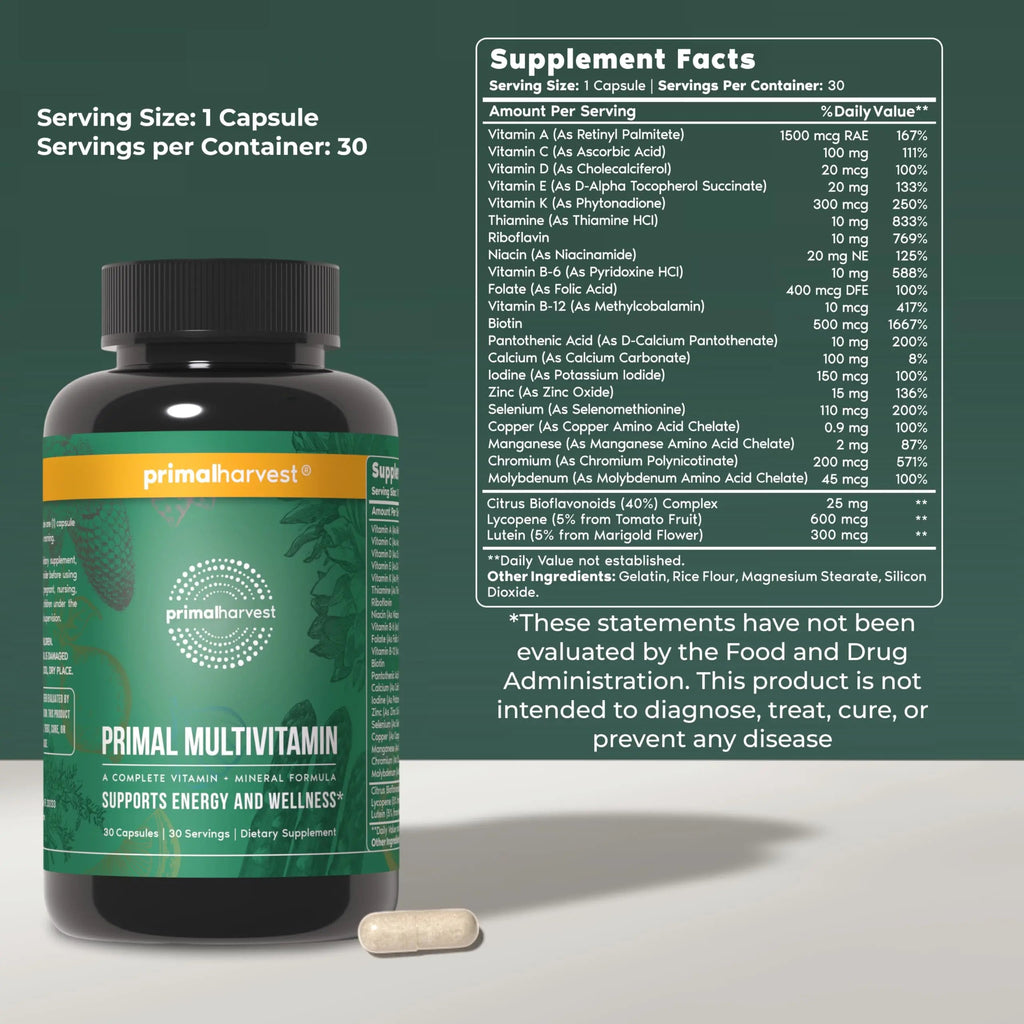 Primal Harvest Primal Multivitamin - Daily Multi-Vitamin Supplement with 21 Essential Vitamins & Minerals for Women & Men - Vitamin A, C, D, E, B12, B6 Primal Harvest Au supplements