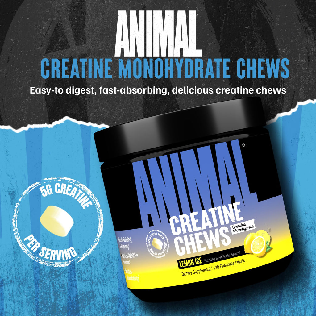 Animal Creatine Chews Tablets - Enhanced Creatine Monohydrate with AstraGin to Improve Absorption, Sea Salt for Added Pumps, Delicious and Convenient Chewable Tablets - Lemon Ice Animal Au supplements