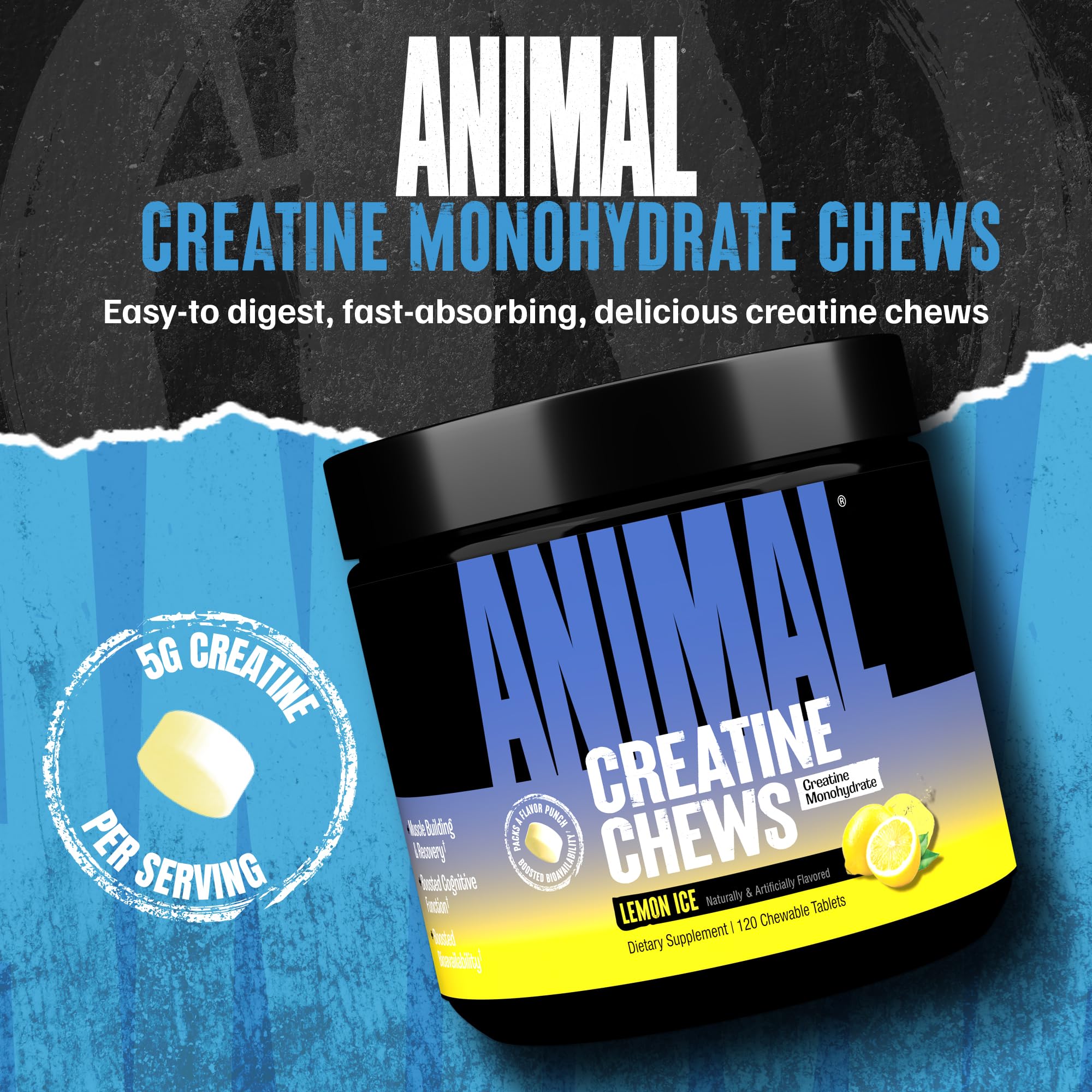 Animal Creatine Chews Tablets - Enhanced Creatine Monohydrate with AstraGin to Improve Absorption, Sea Salt for Added Pumps, Delicious and Convenient Chewable Tablets - Lemon Ice Animal Au supplements