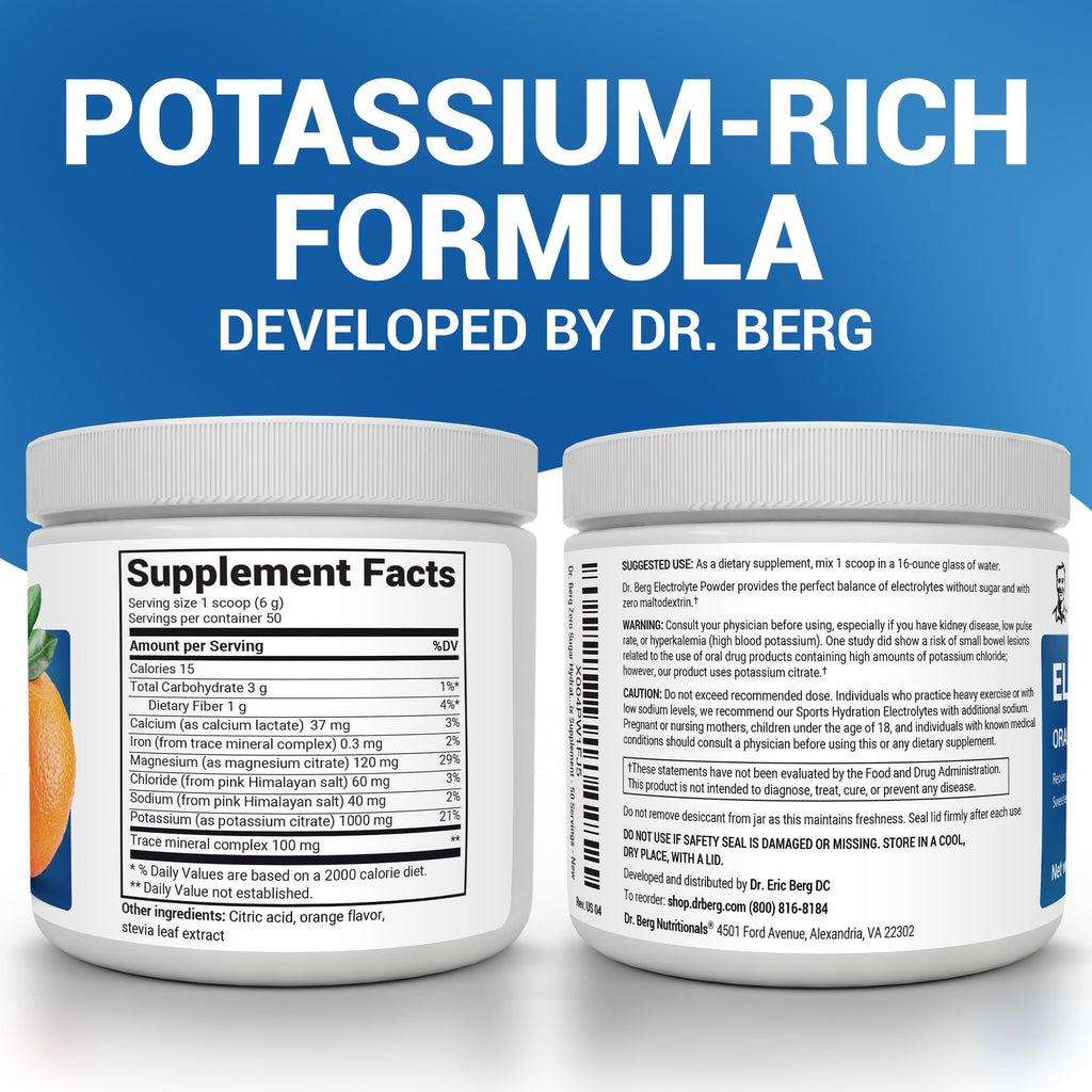 Dr. Berg Zero Sugar Hydration Keto Electrolyte Powder - Enhanced w/ 1000 mg of Potassium & Real Pink Himalayan Salt (NOT Table Salt) - Orange Flavor Hydration Drink Mix Supplement - 50 Servings