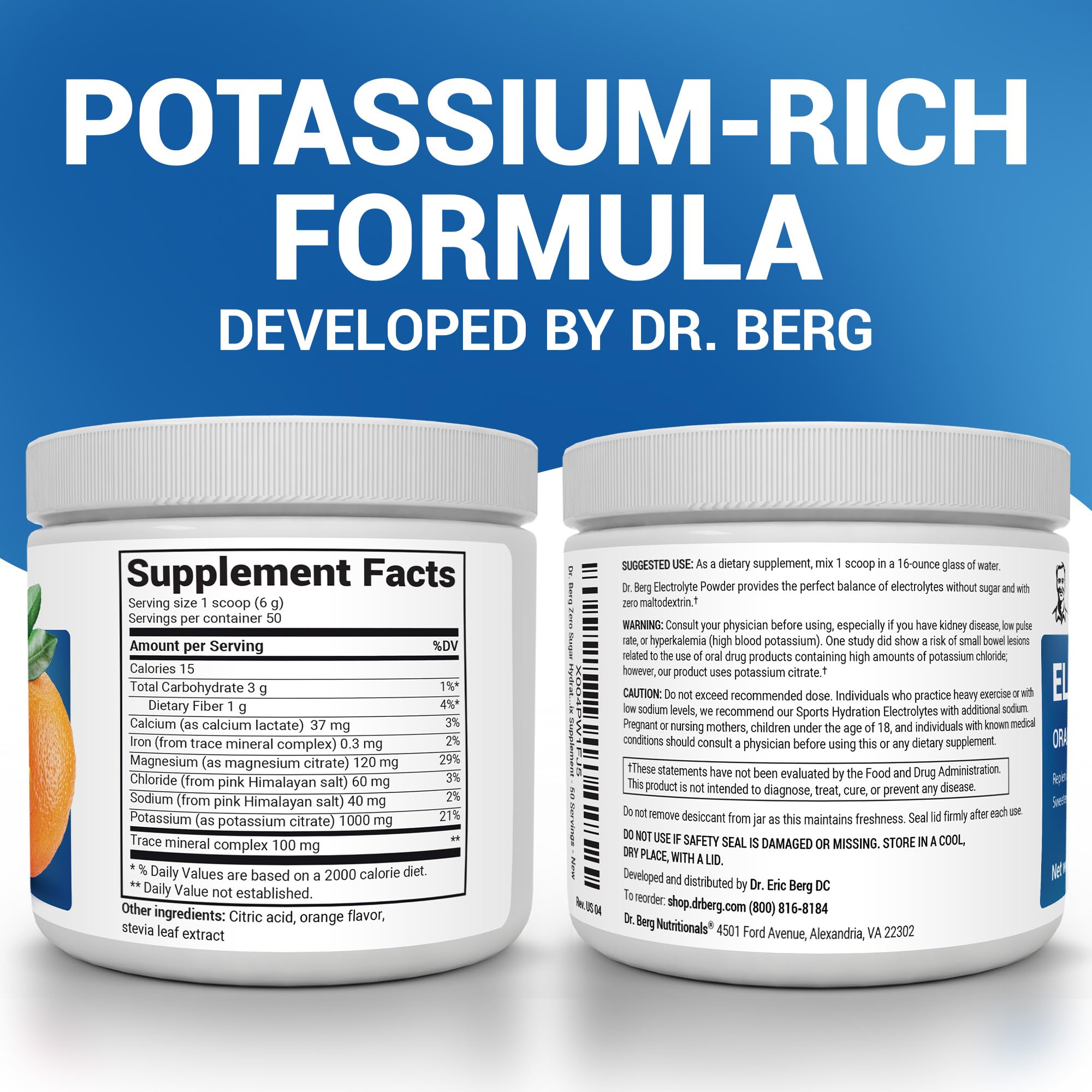 Dr. Berg Zero Sugar Hydration Keto Electrolyte Powder - Enhanced w/ 1000 mg of Potassium & Real Pink Himalayan Salt (NOT Table Salt) - Orange Flavor Hydration Drink Mix Supplement - 50 Servings