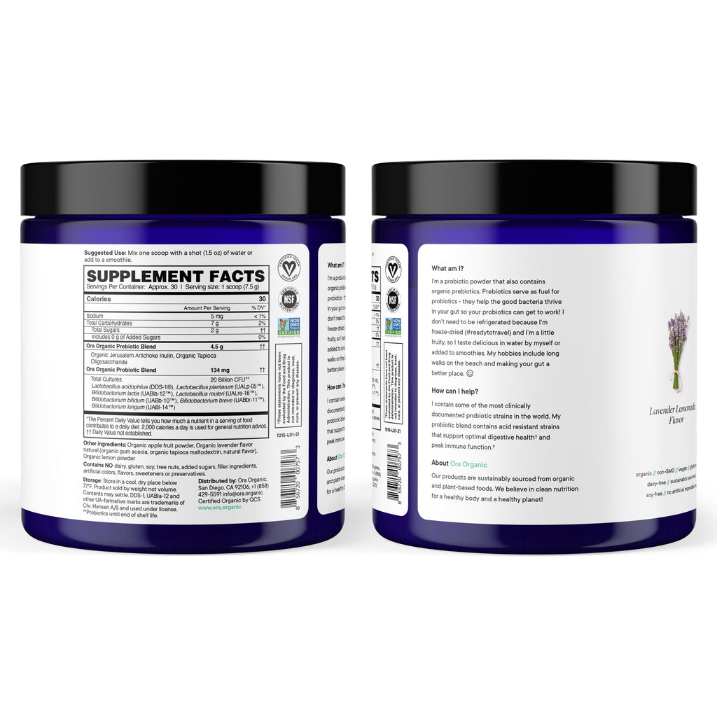 Ora Organic Prebiotic and Probiotic Powder Supplement - 20 Billion Probiotics, 7 Strains for Best Prebiotic Powder, Non-GMO, Probiotics for Women, Men & Kids