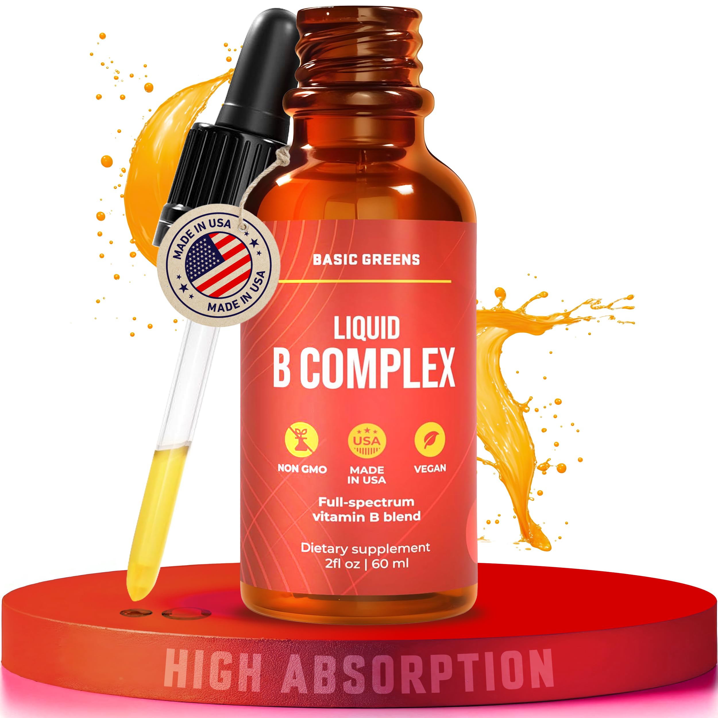 BASIC GREENS Vitamin B Complex Liquid Drops - Strength Sublingual Formula, Maximizes Absorption & Boosts Energy - B1, B2, B3, B5, B6, B7, B9, B12 - Natural Vegan Supplement