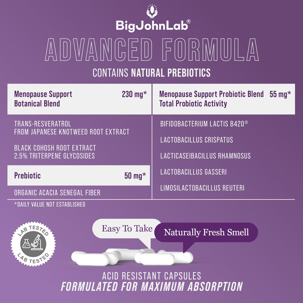 BIGJOHNLAB® - Menopause Total Support – Advanced Probiotic Formula with 5 Strains & 15 Billion CFU, Resveratrol, Black Cohosh, Acacia Fiber, Non-GMO & 100% Vegetarian BIGJOHNLAB Au supplements