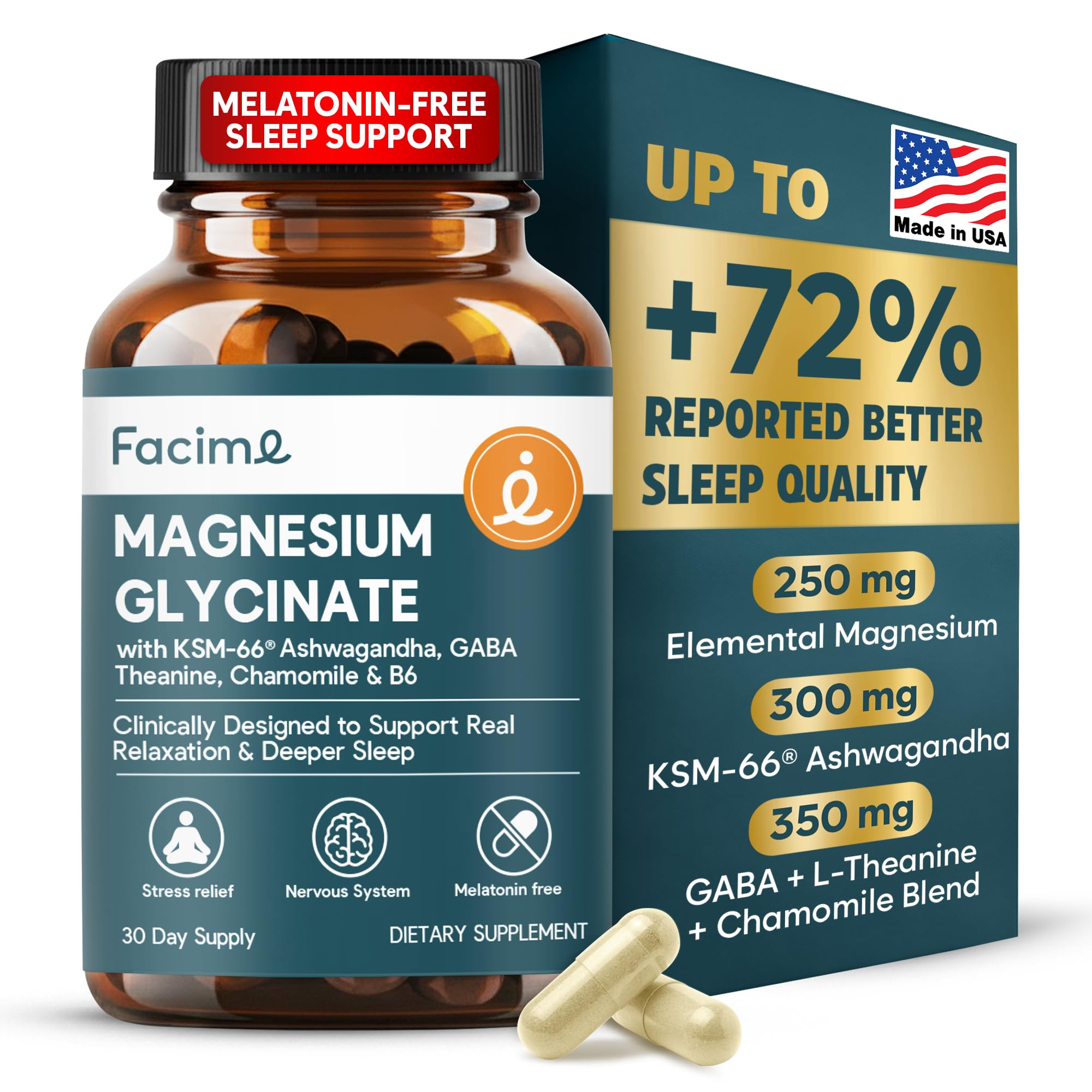 Natural Chelated Magnesium Glycinate Sleep Aid - Melatonin-Free Sleep & Stress Relief with KSM-66 Ashwagandha, GABA, L-Theanine & Chamomile for Muscle Relaxation - Made in USA - 90 Capsules Facime Au supplements