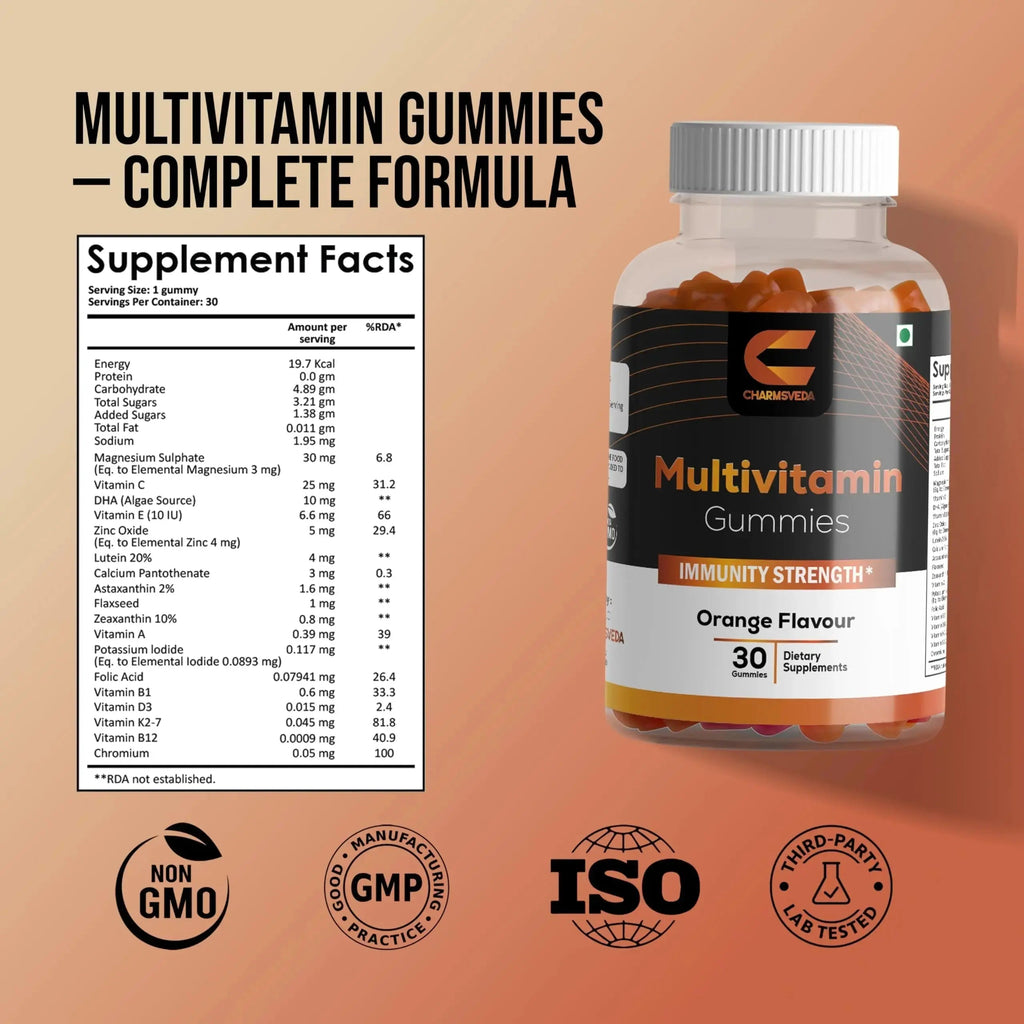 CHARMSVEDA Multivitamin Gummies – Energy, Immunity & Overall Wellness with DHA, Vitamin C, Zinc & Antioxidants – Orange Flavour – 30 Gummies CHARMSVEDA Au supplements