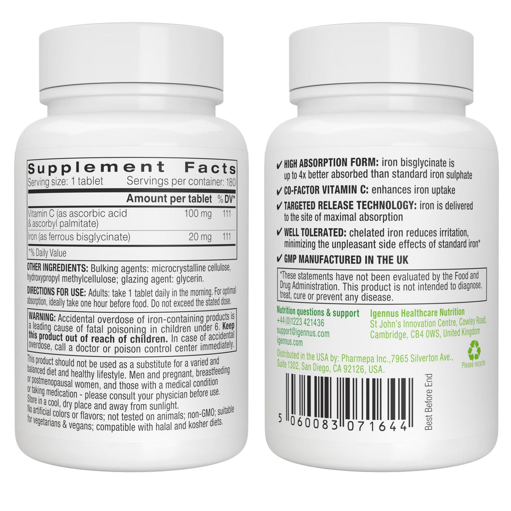 Igennus Clean Iron Bisglycinate 20mg, Vitamin C, 6 Month Supply, Gentle Chelated High Absorption Formula & Targeted Release Ferrous Bisglycinate