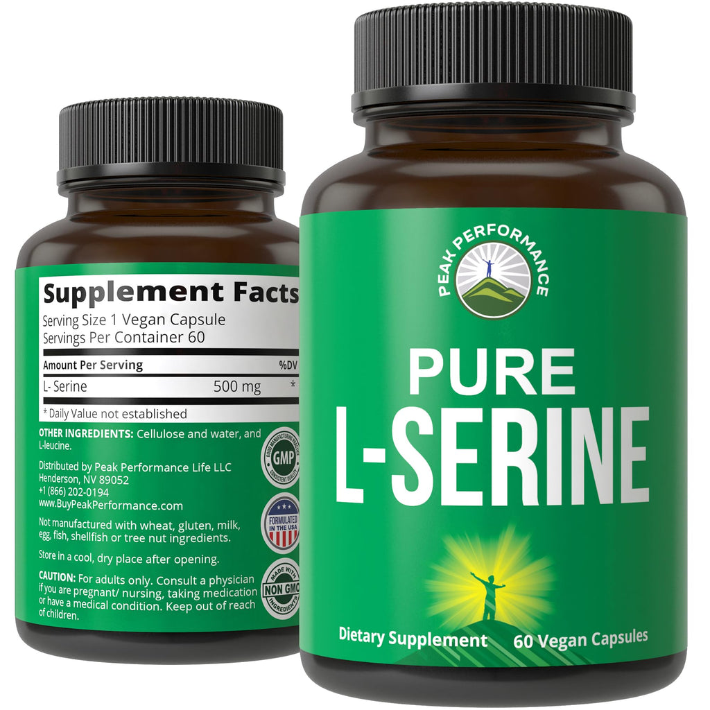 Peak Performance L-Serine Capsules 500mg Best Brain and Nootropic Amino Acids for Production of L-Cystine, L-Tryptophan and Serotonin. USA Grade L Serine Pills. Non-GMO Supplement (60 Servings) Peak Performance Au supplements