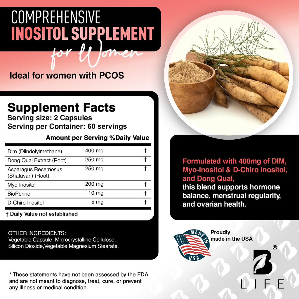 B Life Company DIM Supplement 400 mg with Myo & D-Chiro Inositol, Dong Quai – Hormone Balance for Women – Fertility Supplements – Inositol Supplement - 120 Caps B Life Company Au supplements