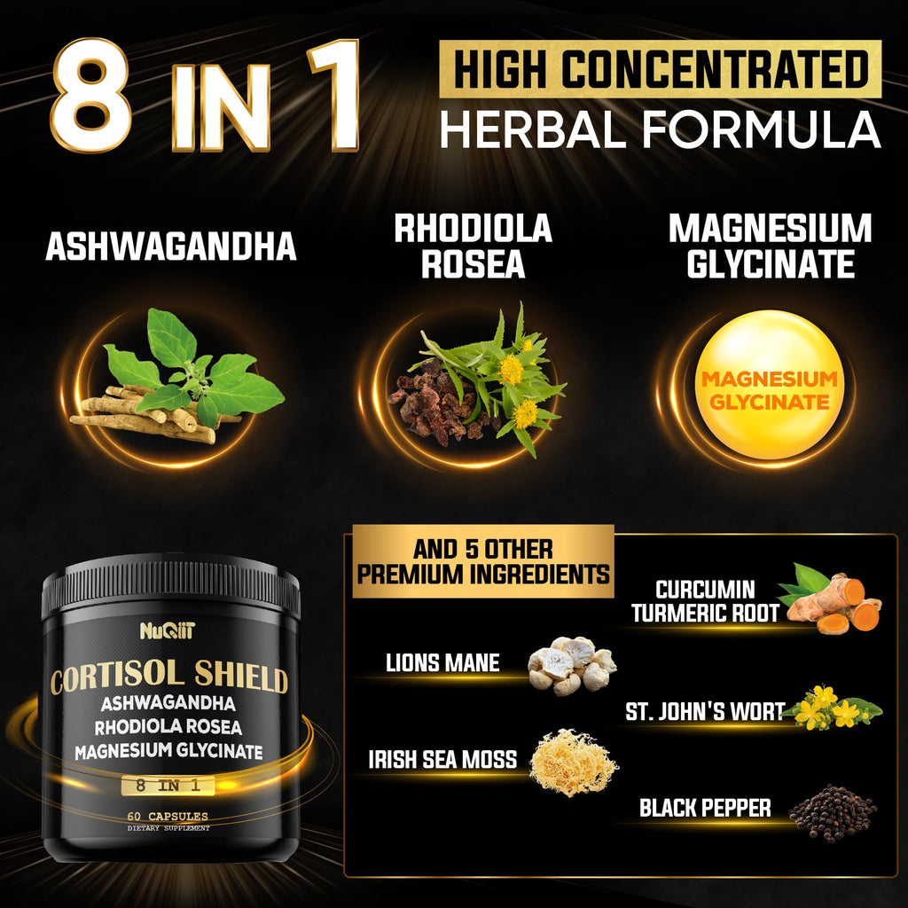 8in1 Cortisol Shield - Ashwagandha and Magnesium, Rhodiola Rosea, Lions Mane, Sea Moss, Turmeric, St Jonh's Wort - Mind& Mood Balance, Rest Well, Support Immume - 60 Capsules NUQIIT Au supplements