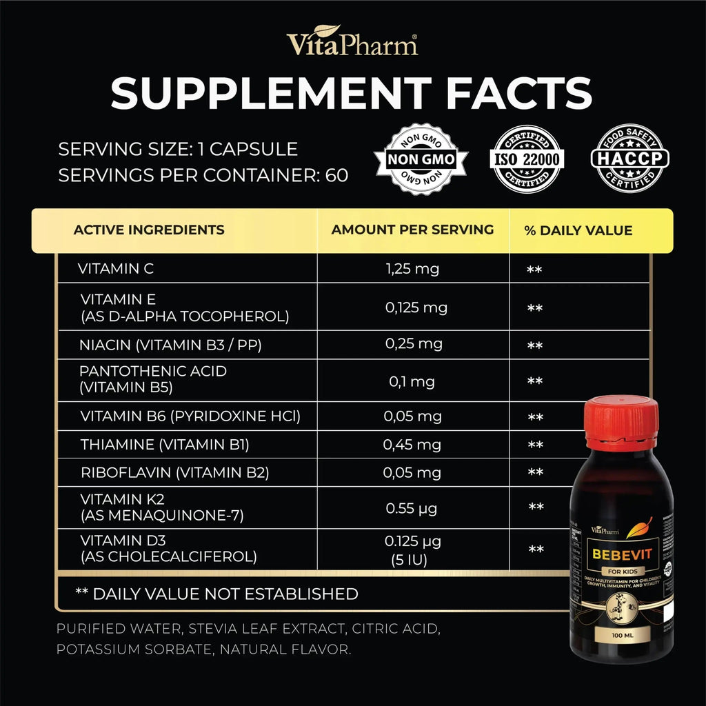 BEBEVIT Liquid Multivitamin for Kids – Sugar-Free & Non-GMO Formula with Vitamins A, C, D3, E, K2 & B-Complex – Daily Support for Growth, Immunity VitaPharm Au supplements