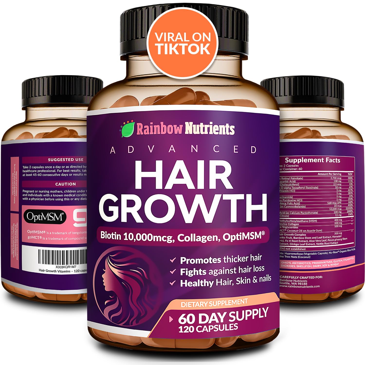 Hair Growth Vitamins for Women | Biotin 10,000mcg, Collagen, Patented OptiMSM®, goMCT