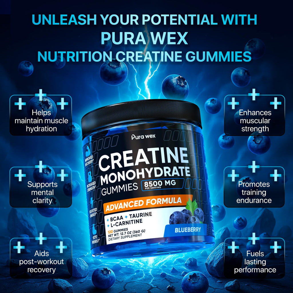 PURA WEX NUTRITION Creatine Monohydrate Gummies 8500mg Complex for Men & Women - Pre Workout Creatine Chews for Muscle Growth, Strength & Energy,