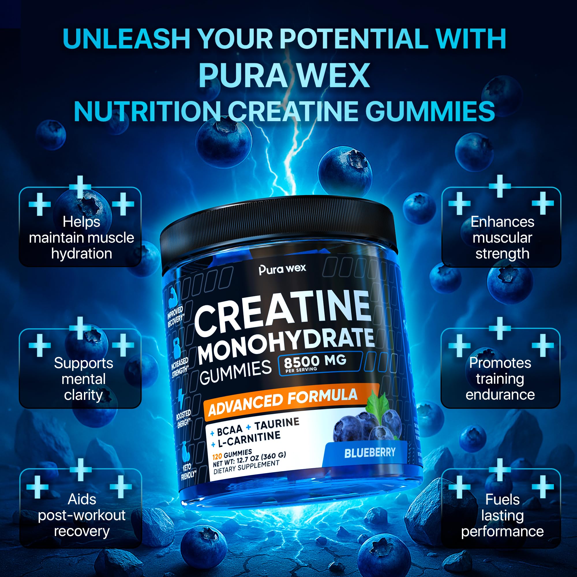PURA WEX NUTRITION Creatine Monohydrate Gummies 8500mg Complex for Men & Women - Pre Workout Creatine Chews for Muscle Growth, Strength & Energy,