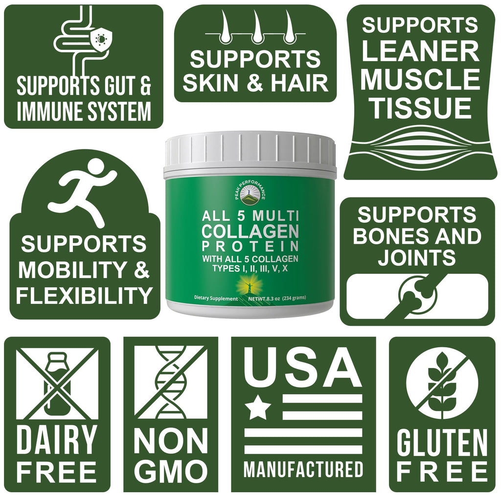Peak Performance All 5 Multi-Collagen Protein Powder Peptides Multi-Collagen Contains All Types I, II, III,V, X. Keto, Paleo Friendly with Hydrolyzed Bovine, Marine, Chicken, Bone Broth Collagens Peak Performance Au supplements