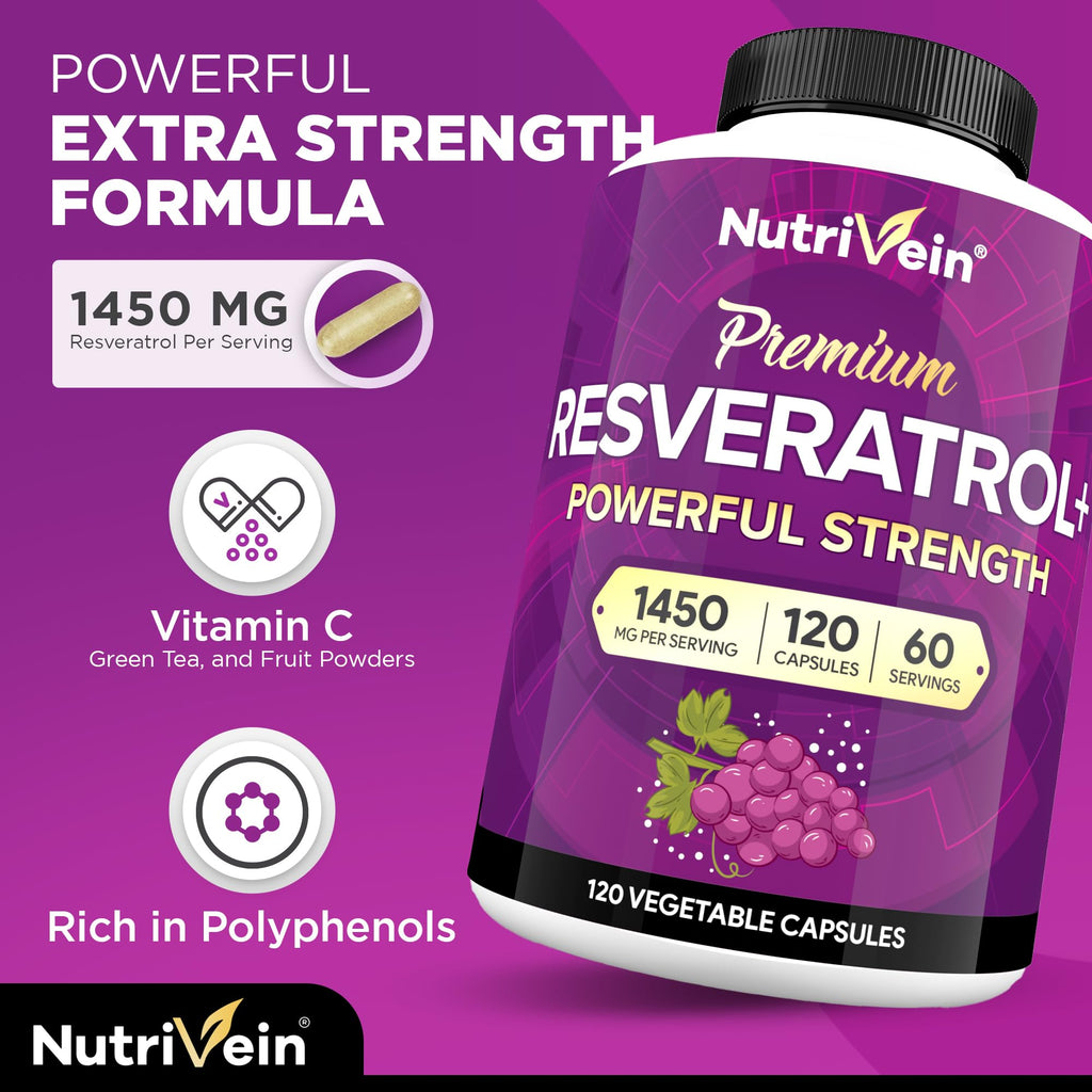 Nutrivein Premium Resveratrol 1450mg - 120 Caps: Pure Trans Resveratrol Supplement Enhanced with Green Tea Leaf & Acai Berry