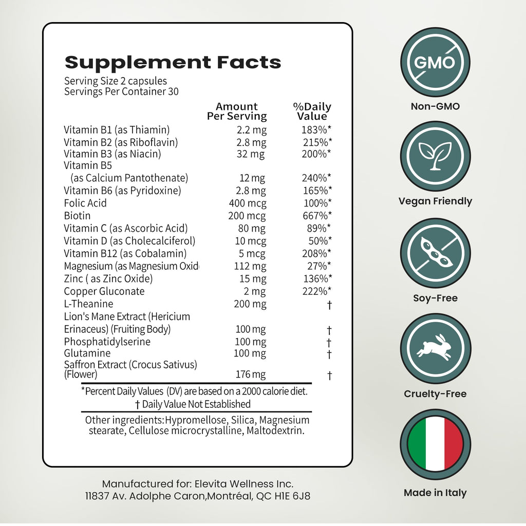 ELEVITA WELLNESS Focus Supplement (Made in Italy) | Premium Blend with L-Theanine, Lion's Mane & B Vitamins, Saffron and Vitamin D | Focus & Cognitive Support for Men & Women