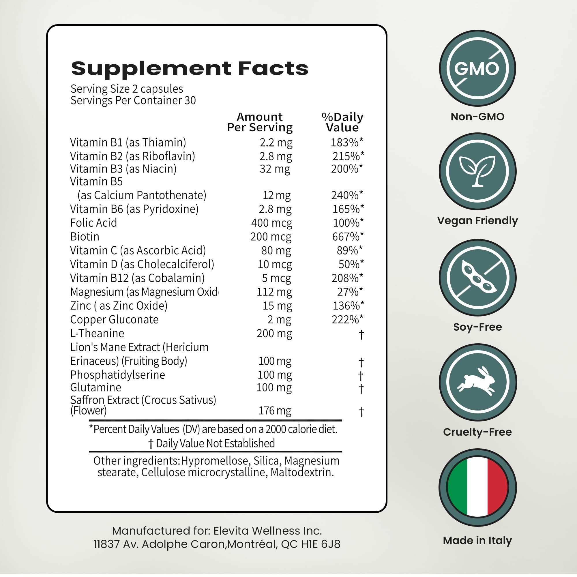 ELEVITA WELLNESS Focus Supplement (Made in Italy) | Premium Blend with L-Theanine, Lion's Mane & B Vitamins, Saffron and Vitamin D | Focus & Cognitive Support for Men & Women
