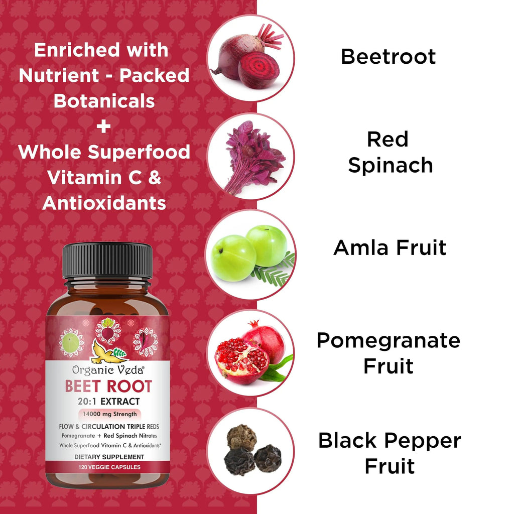 Organic Veda Beet Root Capsules - Triple Reds Nitric Oxide Beets Supplements - Concentrated Organic Veda Au supplements