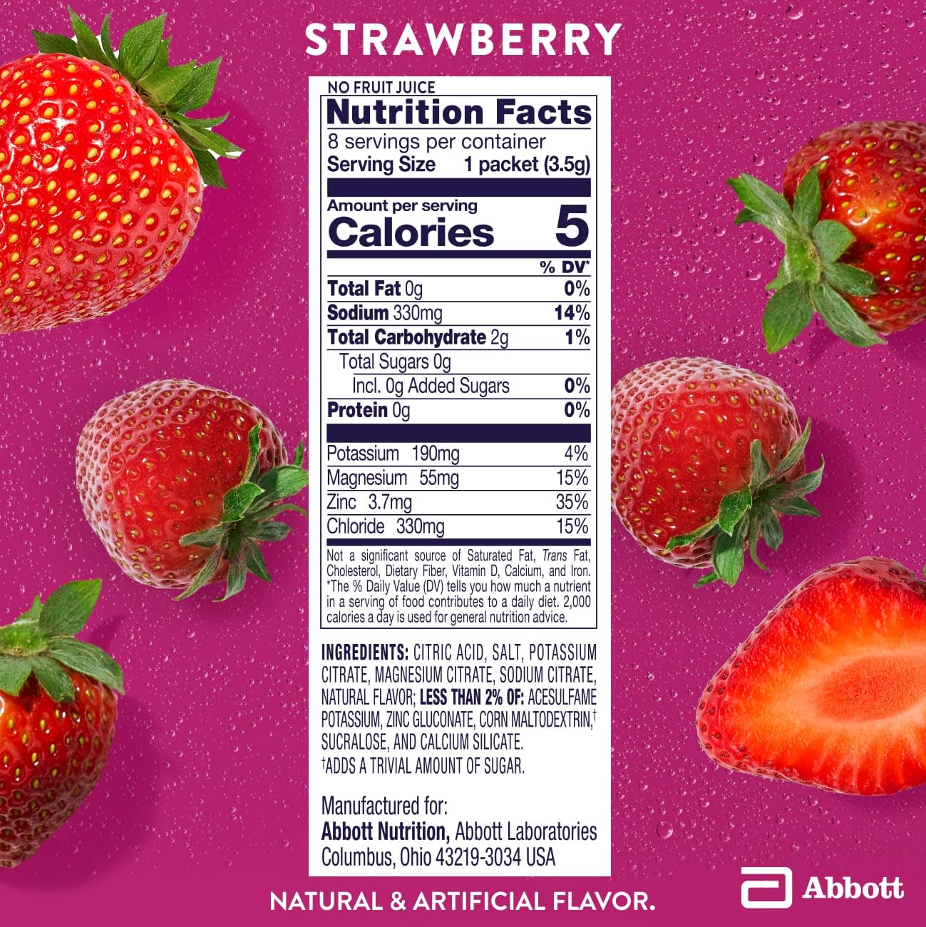 Pedialyte Electrolyte Drink Mix With Zero Sugar | Hydration With Key Electrolytes | Great Hydration Low in Calories | Strawberry, 24 Powder Packets