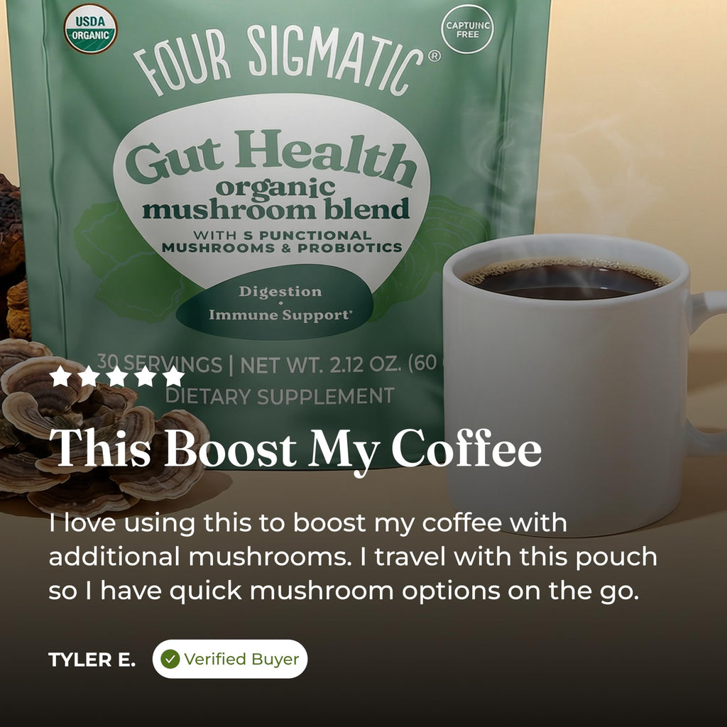 Four Sigmatic Gut Health Mushroom Blend | Organic Mushroom Powder Complex with Turkey Tail, Lion’s Mane, Cordyceps, Chaga, Probiotics and More