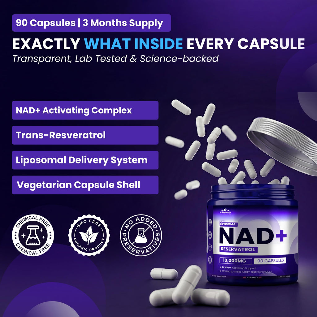 PURE HEALTH MAX PHM NAD Resveratrol Supplement - 10,000MG Extra Strength | NAD+ Liposomal Supplements for Men and Women | NMN & NMNH Alternative | 90 Capsules, 1.5 Months Supply PURE HEALTH MAX Au supplements