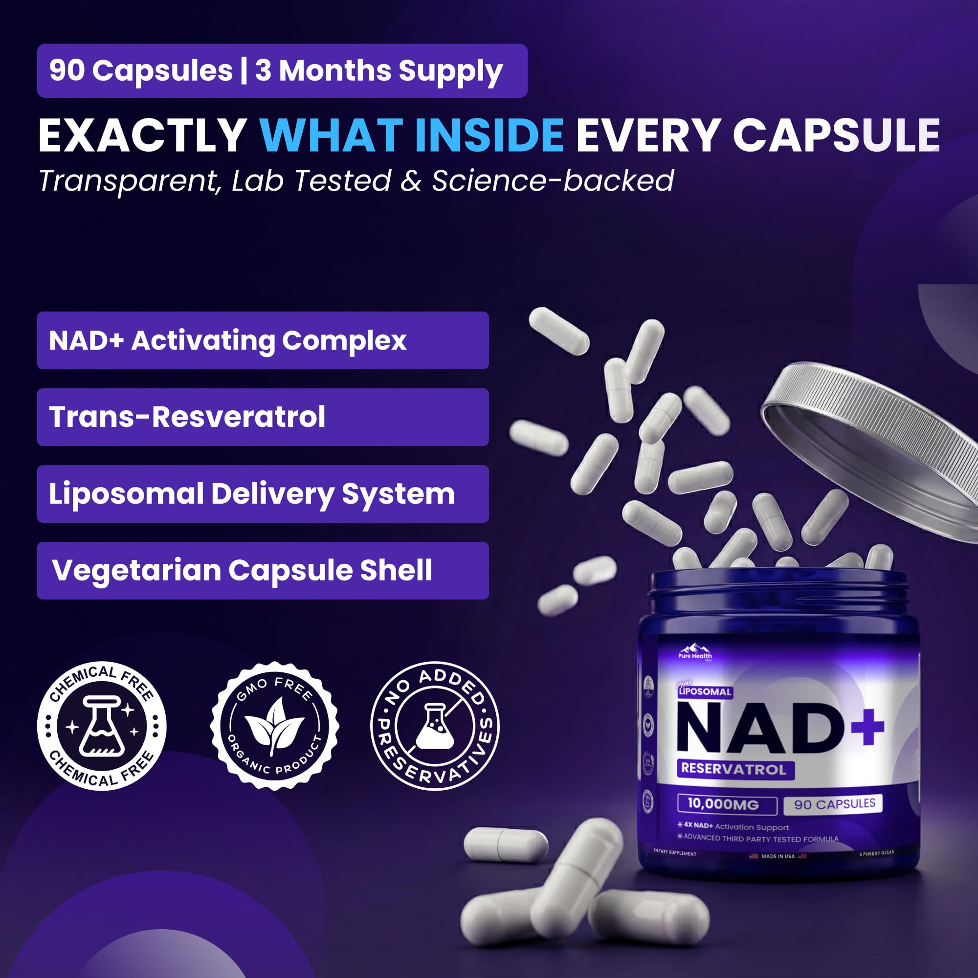 PURE HEALTH MAX PHM NAD Resveratrol Supplement - 10,000MG Extra Strength | NAD+ Liposomal Supplements for Men and Women | NMN & NMNH Alternative | 90 Capsules, 1.5 Months Supply PURE HEALTH MAX Au supplements