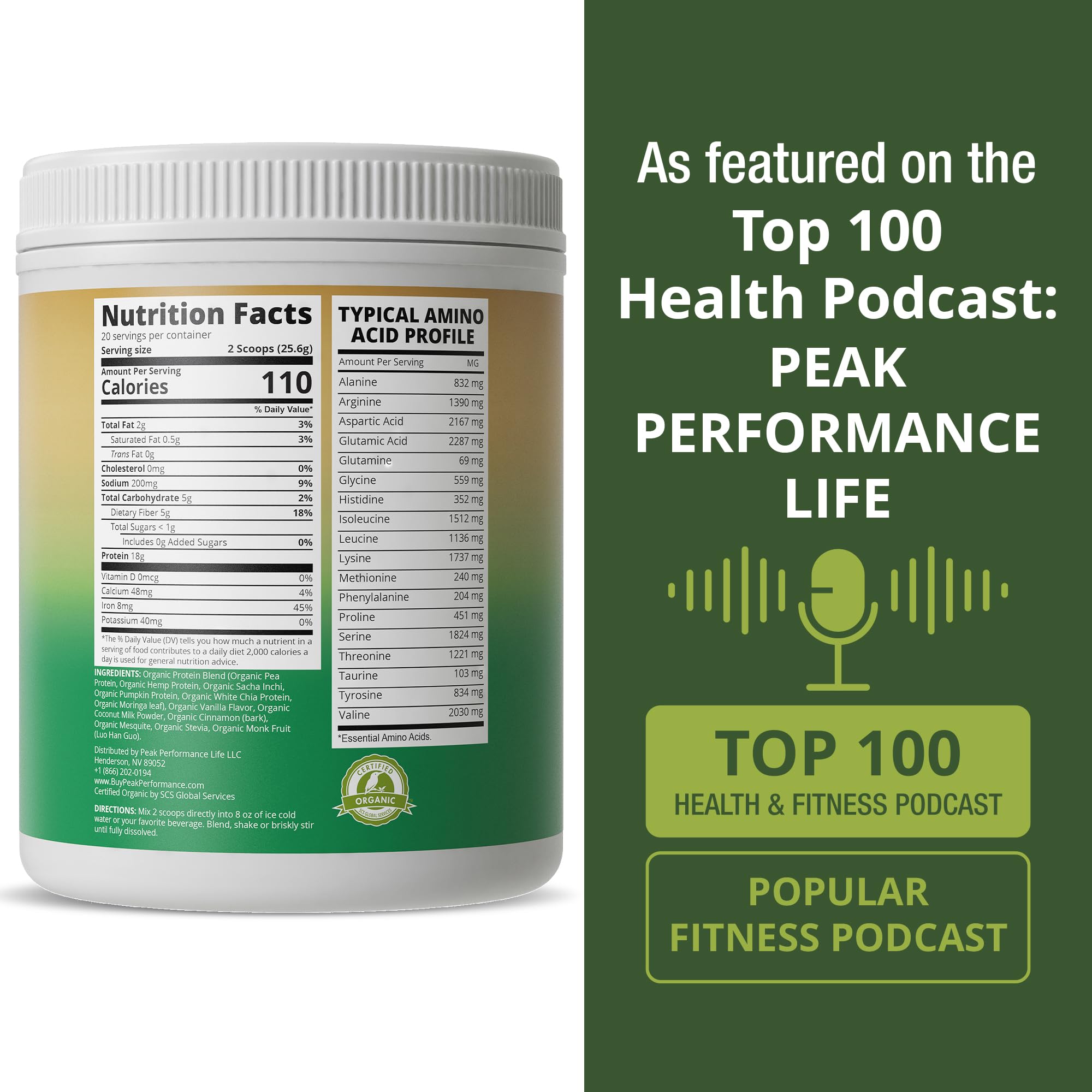 Peak Performance Organic Paleo Grain Free Plant Based Raw Vegan Protein Powder. Amazing Amino Acid Profile and Less Than 1g of Sugar. with Hemp and Pea Protein Vanilla Flavored Peak Performance Au supplements