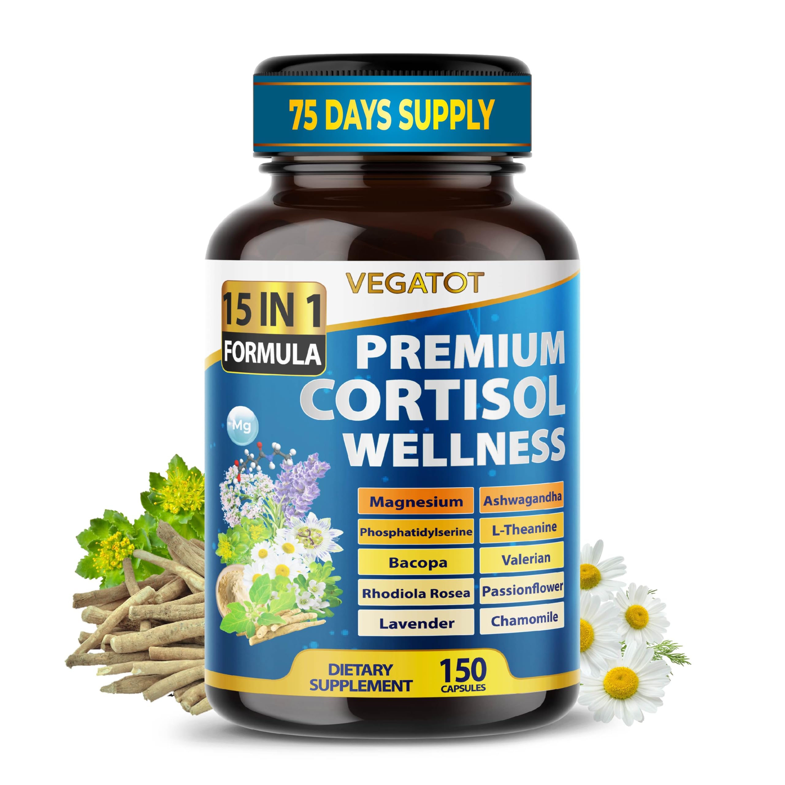 VEGATOT Organic Cortisol Wellness Complex 15-in-1 Formula with Magnesium Ashwagandha St. John's Wort Valerian Rhodiola Rosea Passionflower Chamomile VEGATOT Au supplements