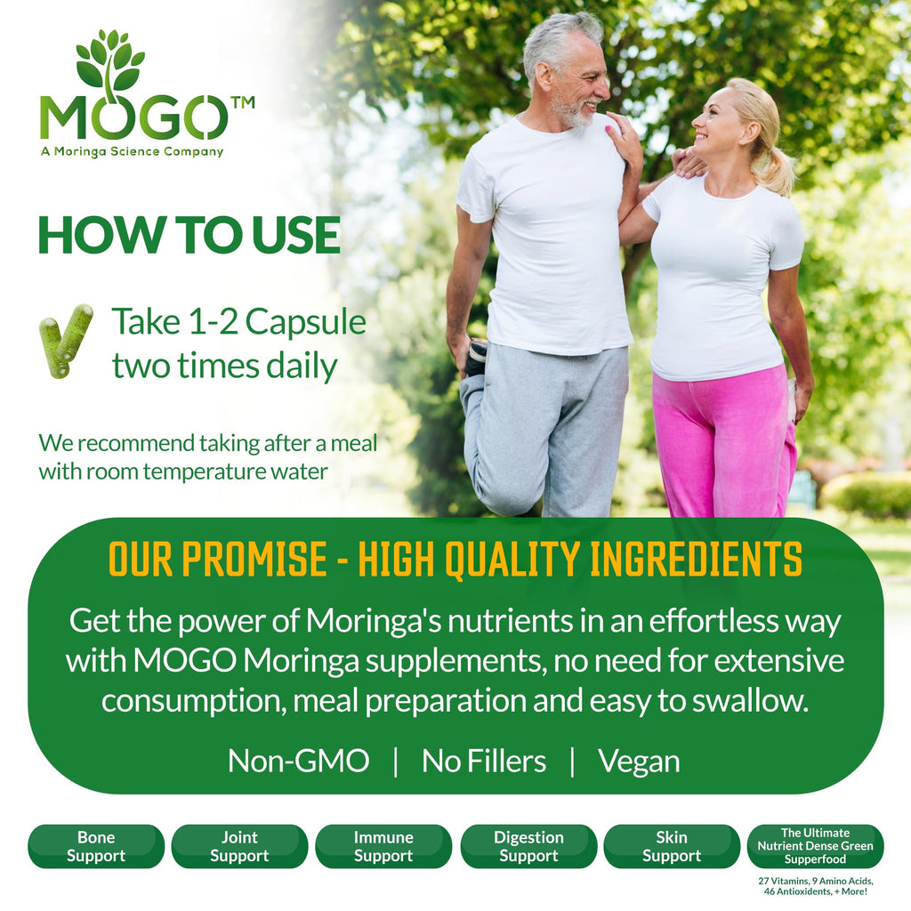 MOGO Moringa Capsules -180 Ct| Boost Energy, Immune, Gut, Joint Support | Made with Pure Organic Moringa Powder Organic Capsules | Made in USA