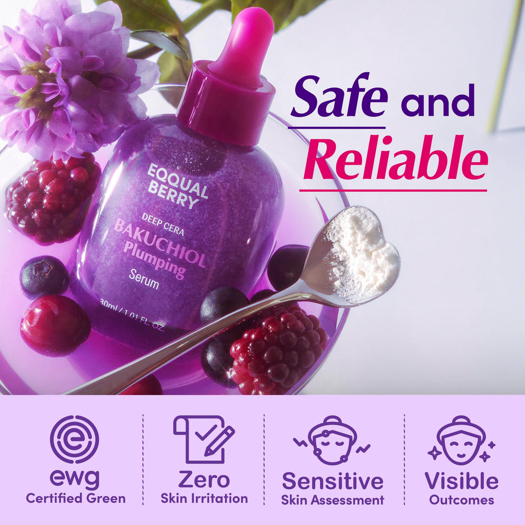 EQQUALBERRY Bakuchiol Plumping Face Serum - Retinol Natural Alternative for Sensitive Skin, with Niacinamide & Hyaluronic Acid