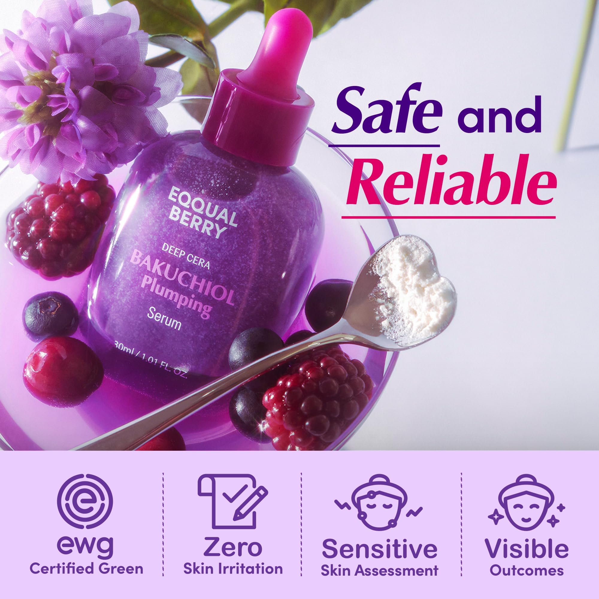 EQQUALBERRY Bakuchiol Plumping Face Serum - Retinol Natural Alternative for Sensitive Skin, with Niacinamide & Hyaluronic Acid