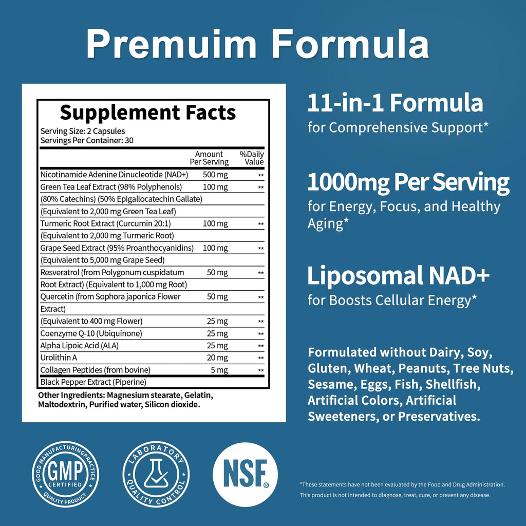 NAD Supplement 11-in-1 Extra Strength – Liposomal NAD with Resveratrol, CoQ10, Urolithin A, ALA & Turmeric – Supports Anti-Aging, Cellular Repair, Energy & Focus – for Women & Men – 60 Capsules JuvaNutra Au supplements