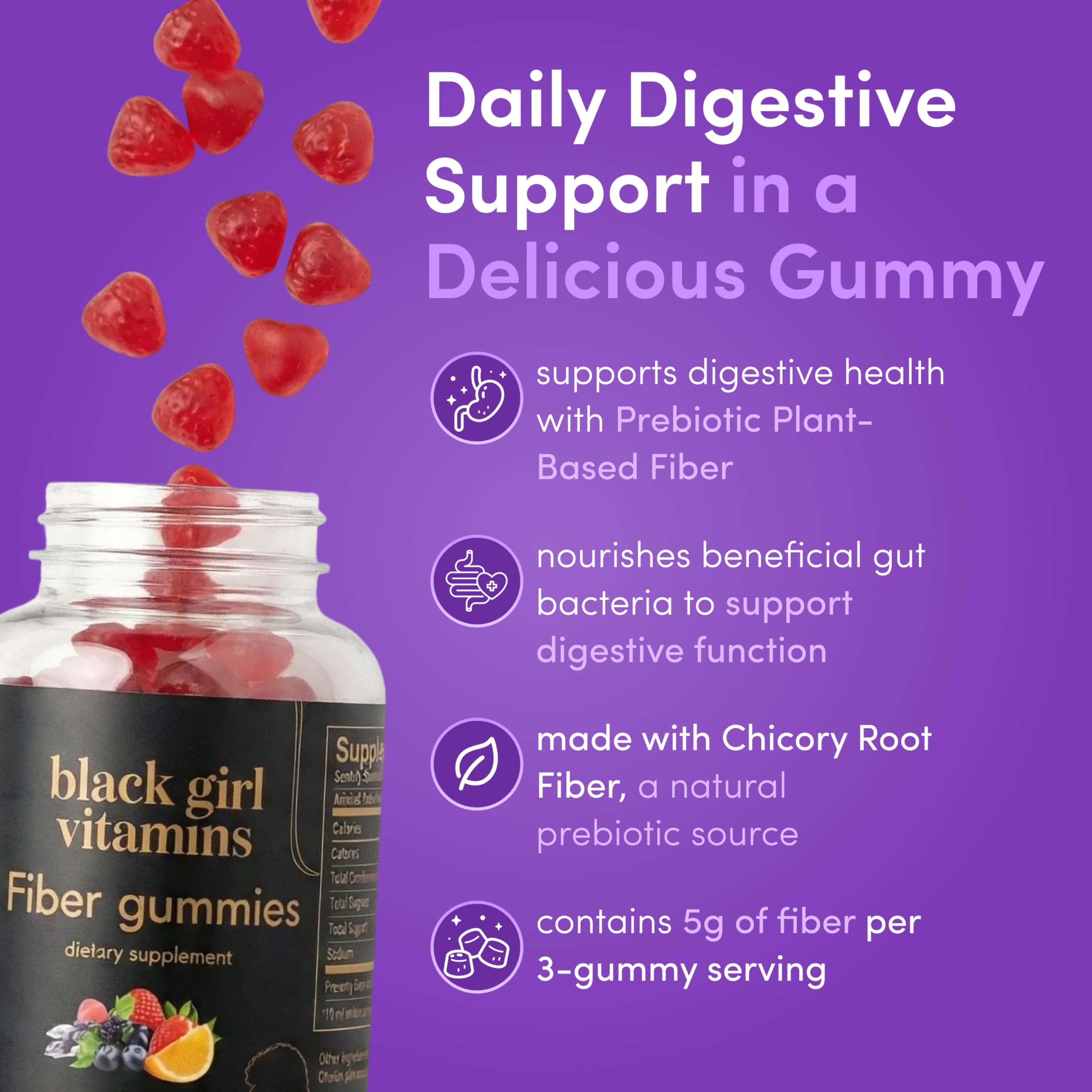 Black Girl Vitamins - Fiber Gummies - Prebiotic for Gut Health & Bloat Relief - Supports Digestion, Regularity & Microbiome Balance - Vegan, Gluten-Free, Halal
