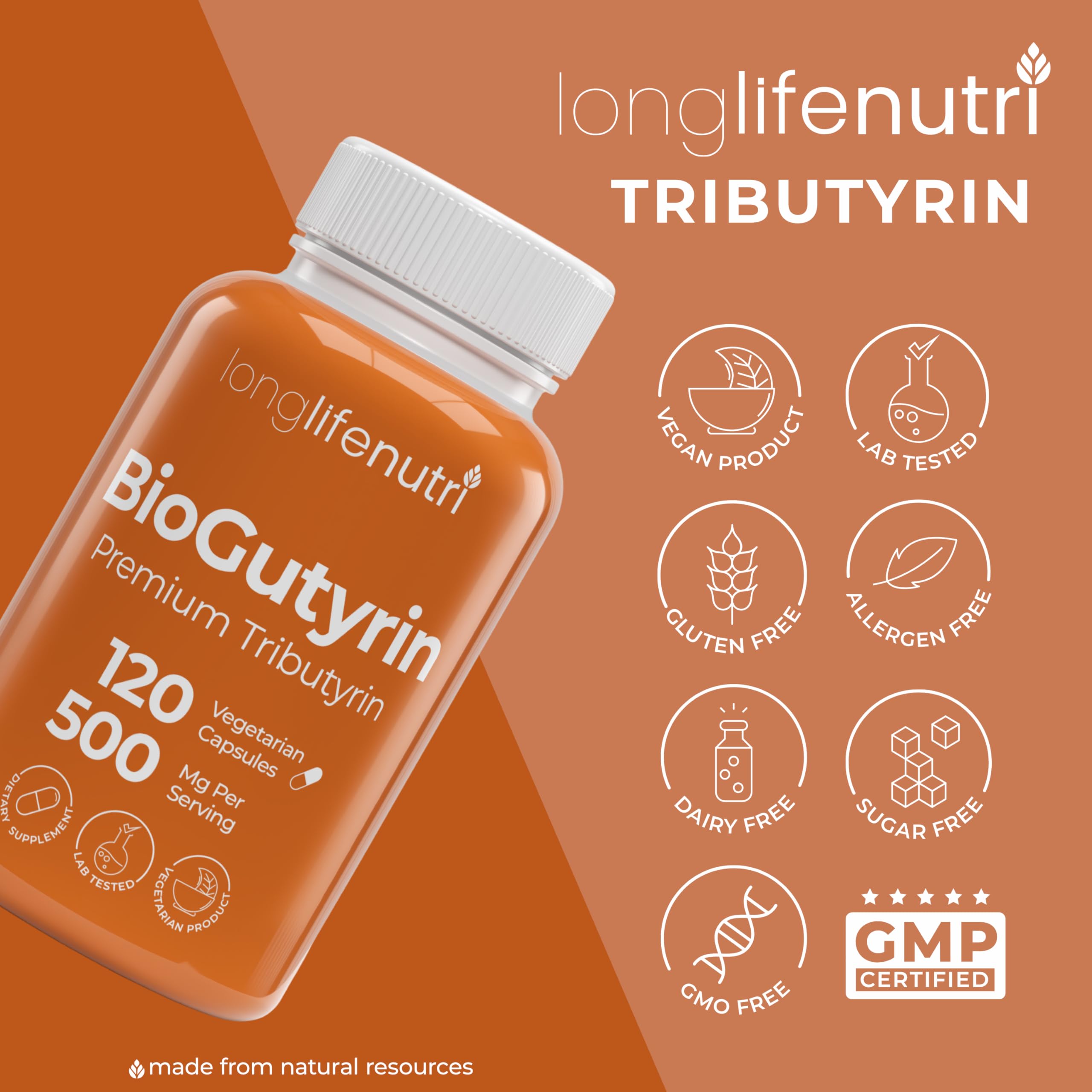 BioGutyrin – Tributyrin 500mg, Postbiotic Supplement for Gut Function & Nutrient Absorption, 120 Vegetarian Capsules, Butyric Acid for Butyrate Production, 4-Month Supply, GMP Certified, Made in USA LongLifeNutri Au supplements