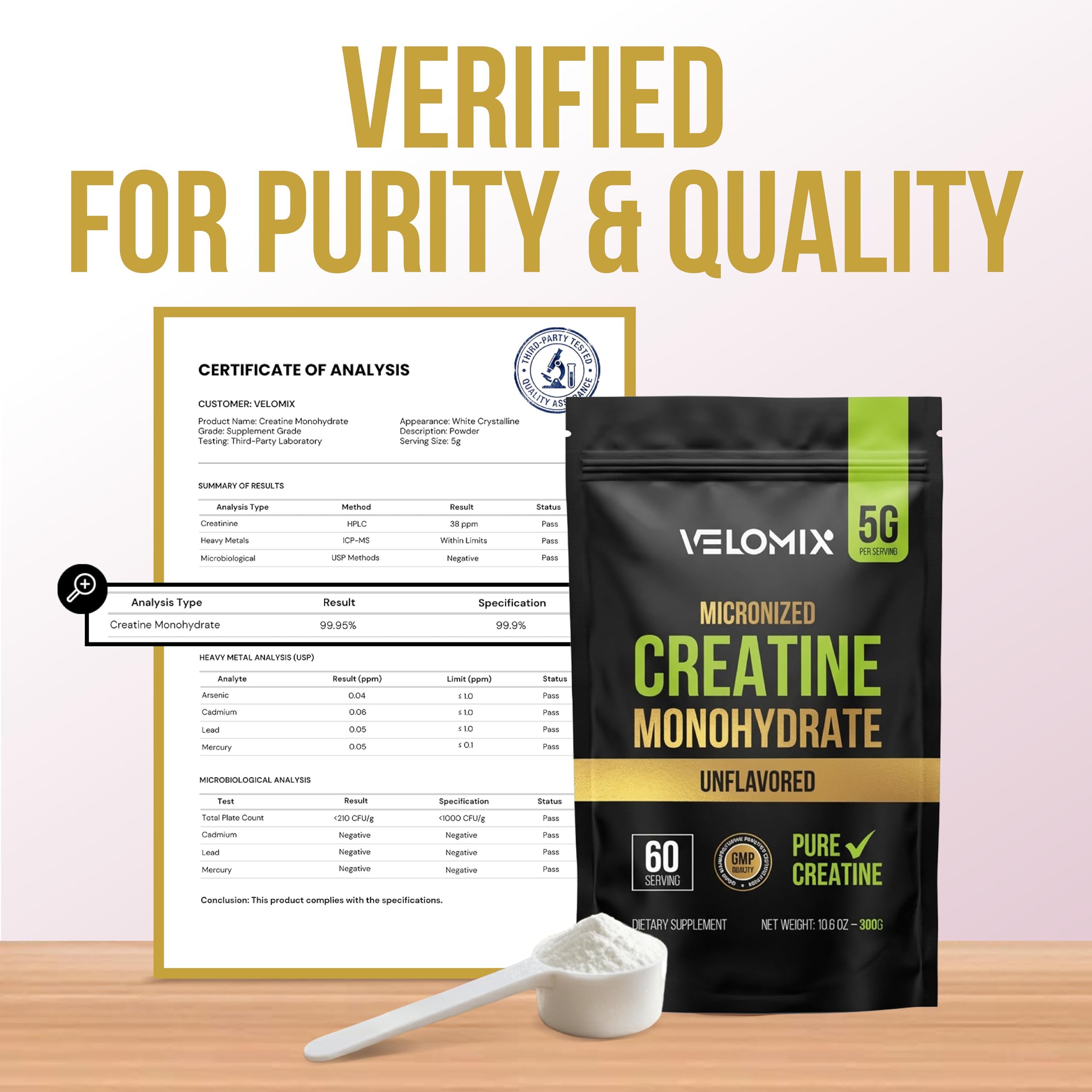 VELOMIX Micronized Creatine Monohydrate Powder - 100% Pure Creatine Powder Unflavored and Easy to Mix | Supports Muscle Growth, Recovery, and Strength | 5000mg Per Serv (5g) - 60 Servings VELOMIX Au supplements