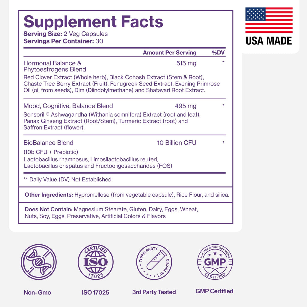 Menopause Supplements for Women - Natural Hormone Balance - Hot Flashes, Night Sweats, Sleep & Mood Support. with Sensoril® Ashwagandha, DIM, Chaste Berry & Black Cohosh Root - 60 Count Pure Micronutrients Au supplements