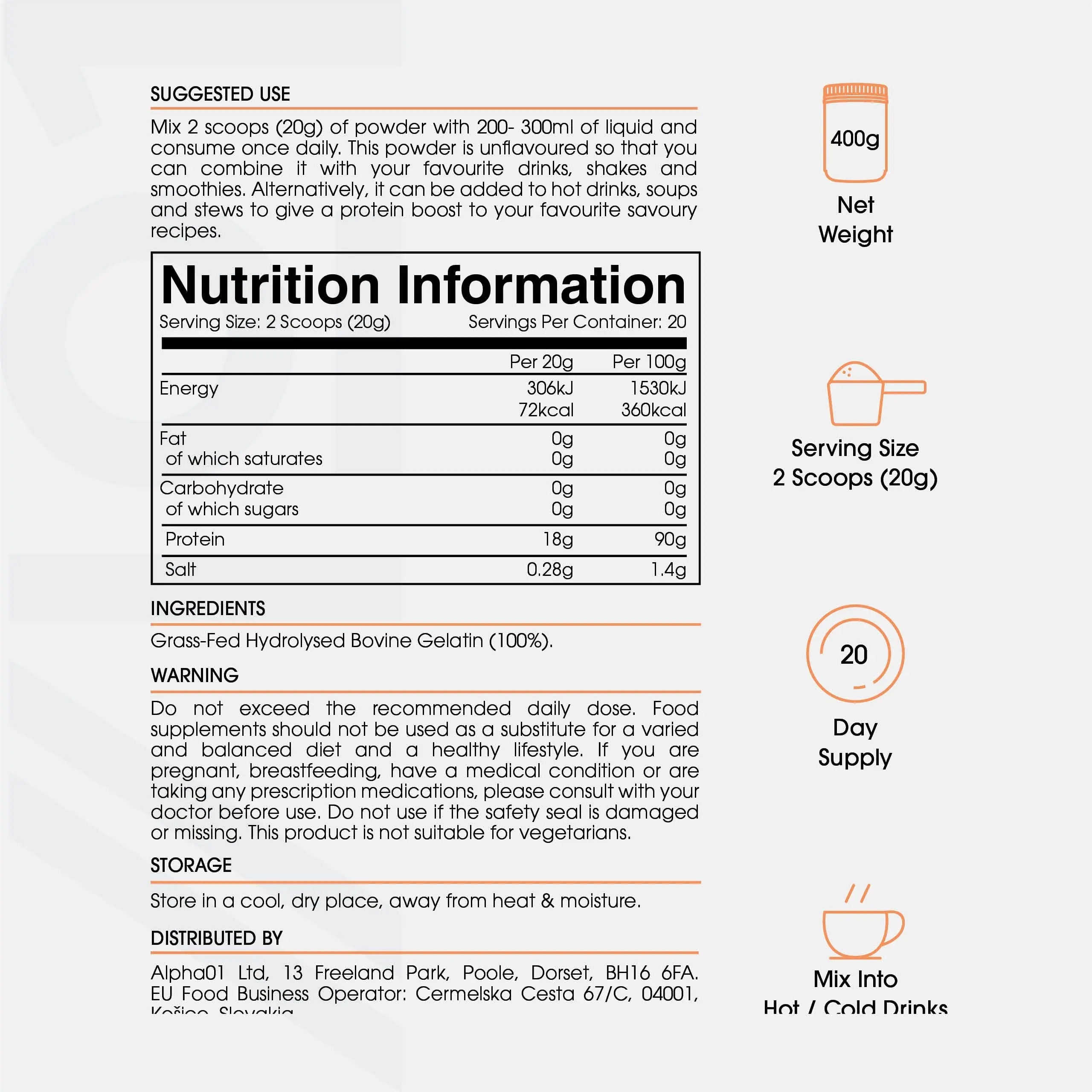 Bone Broth Beef Protein Powder - 400g - Unflavoured - 100% Grass-Fed & Pasture Raised Beef ALPHA01 Au supplements