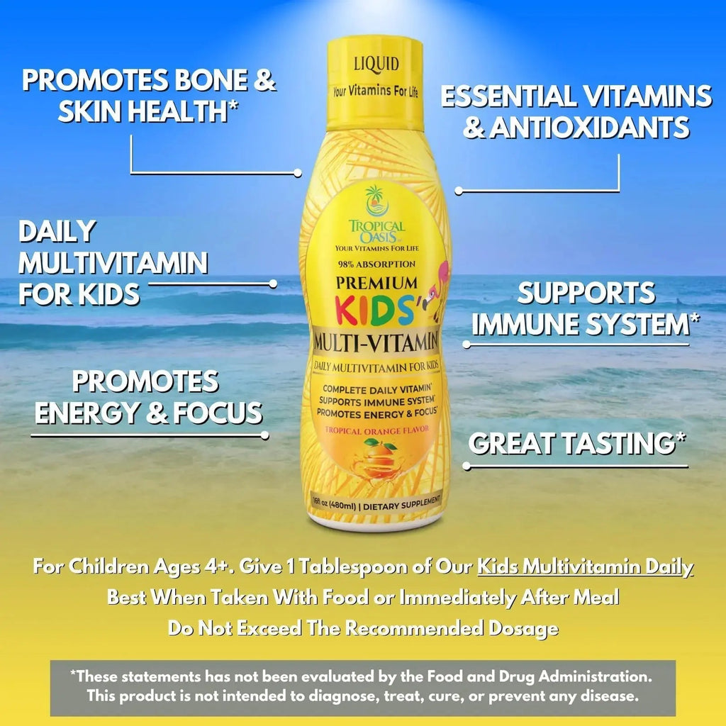 Premium Liquid Multivitamin For Kids | Sugar Free Kids Vitamins | 100% DV of 14 Vitamins for Kids | Multivitamin for Children Ages 4+ | Tropical Oasis Au supplements
