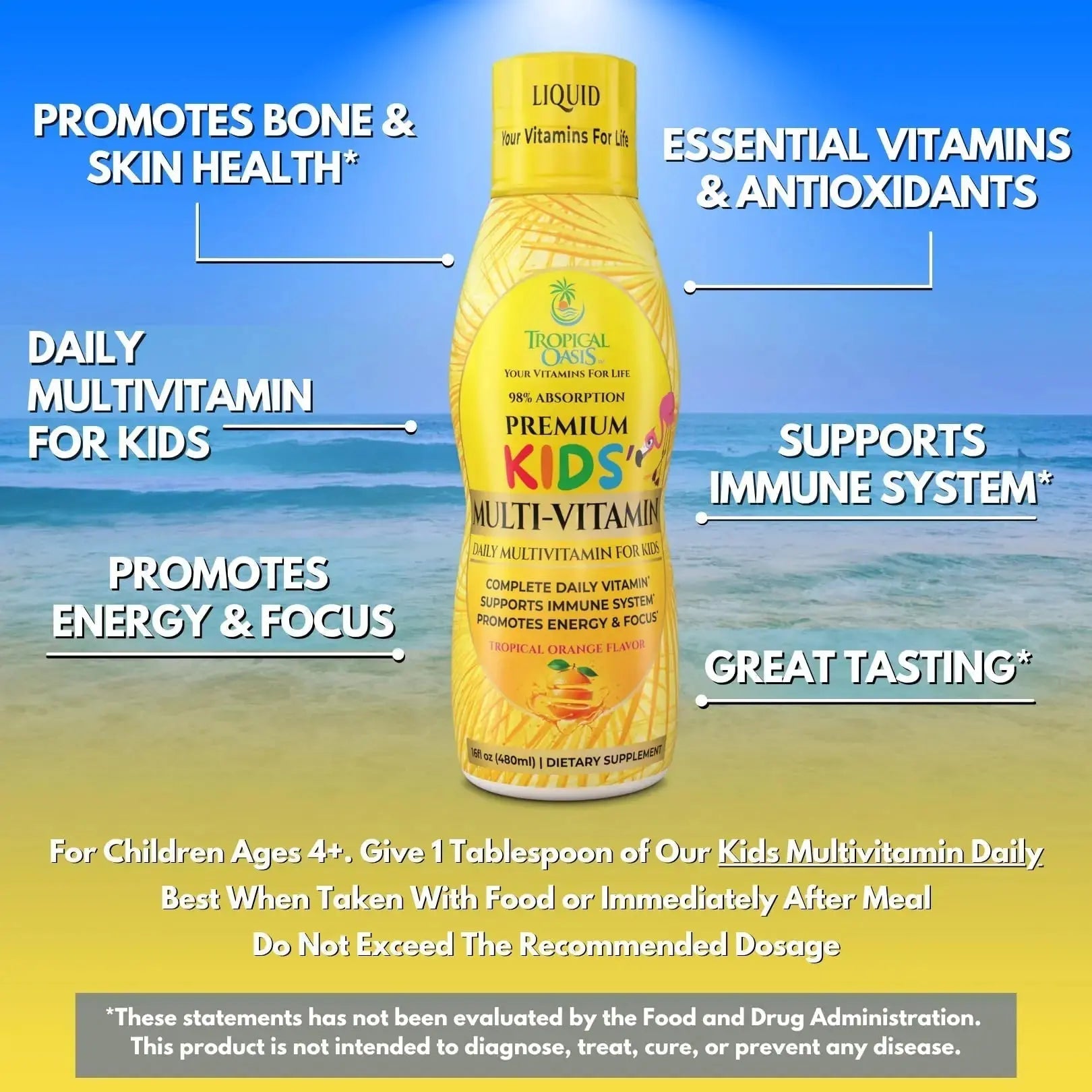 Premium Liquid Multivitamin For Kids | Sugar Free Kids Vitamins | 100% DV of 14 Vitamins for Kids | Multivitamin for Children Ages 4+ | Tropical Oasis Au supplements