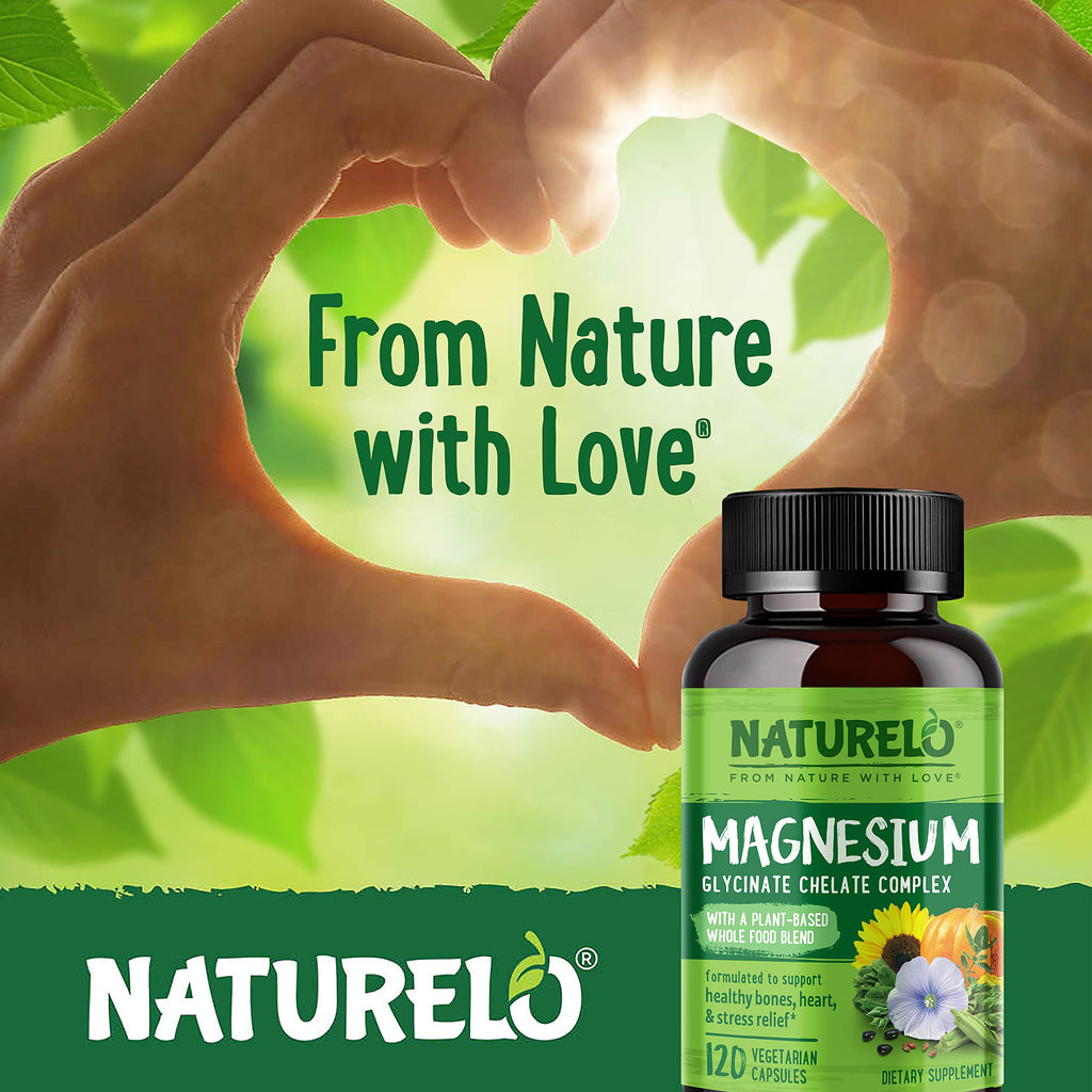 NATURELO Magnesium Glycinate Chelate Complex - 200 mg Magnesium with Organic Vegetables to Support Sleep, Calm, Muscle Cramp & Stress Relief