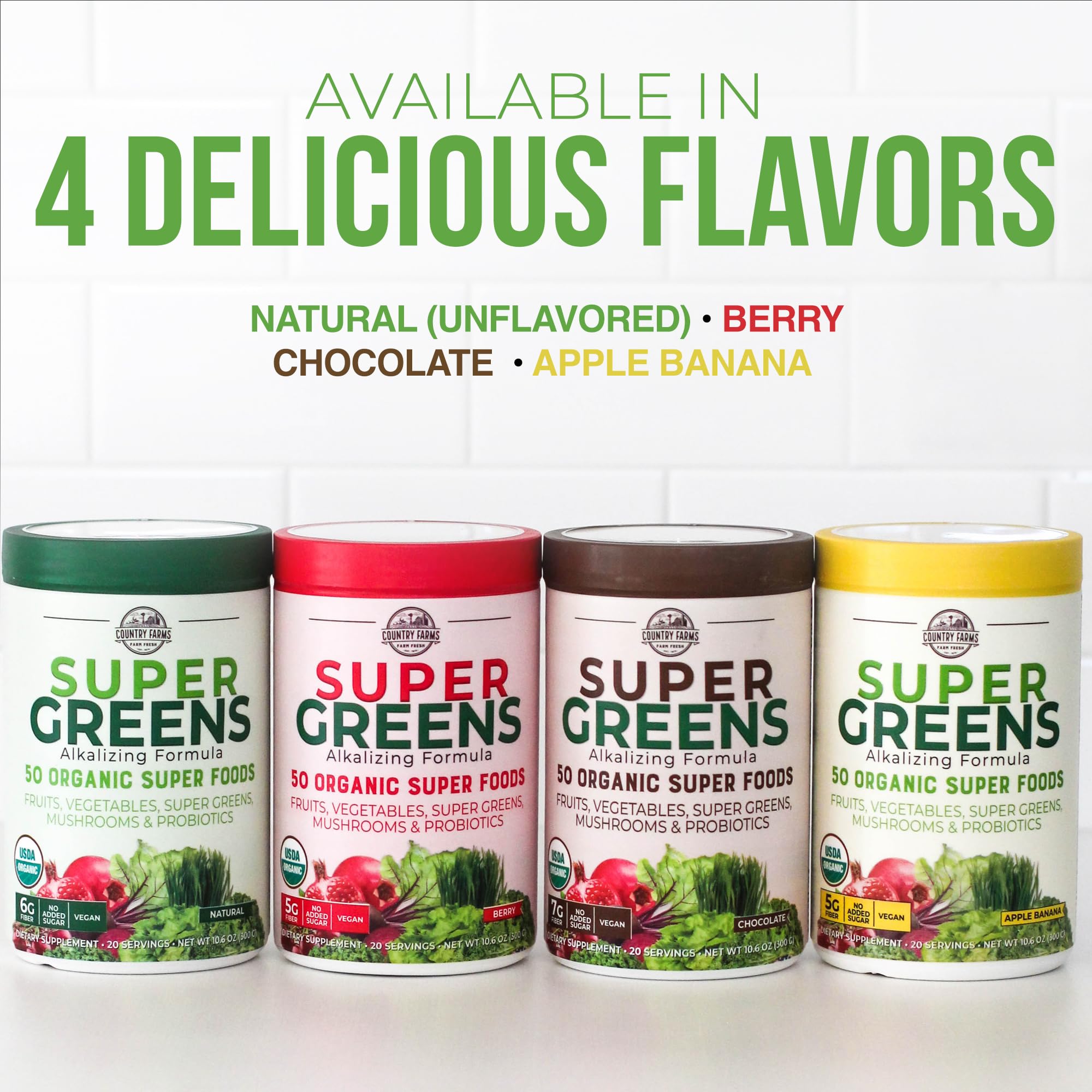 Country Farms Organic Super Greens Natural Flavor, 50 Organic Super Foods, Packed with Fiber, USDA Organic Drink Mix, Fruits, Vegetables, Mushrooms & Probiotics