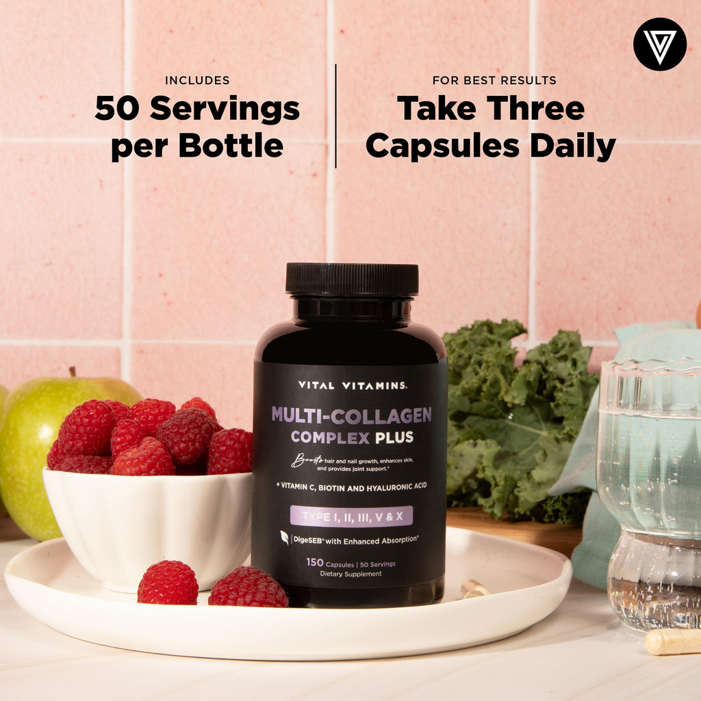 Vital Vitamins Multi Collagen Complex Plus - with Biotin, Hyaluronic Acid, Vitamin C - Type I, II, III, V, X - for Women & Men - Hair, Skin