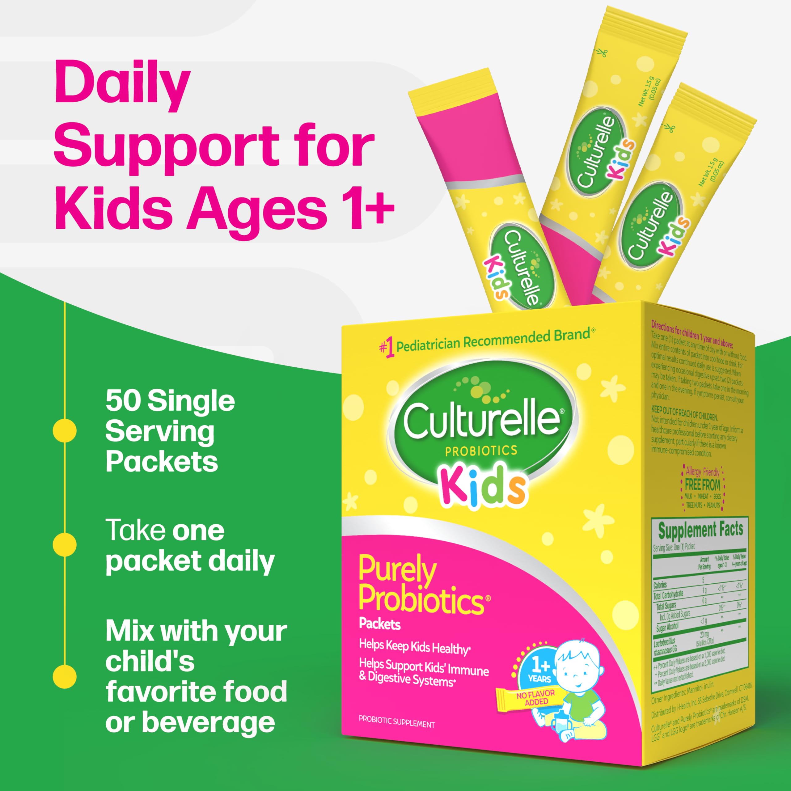 Culturelle Kids Daily Probiotic Packets for Kids, (Ages 3+) - 50 Count – From the #1 Pediatrician-Recommended Brand – Flavorless Daily Probiotics