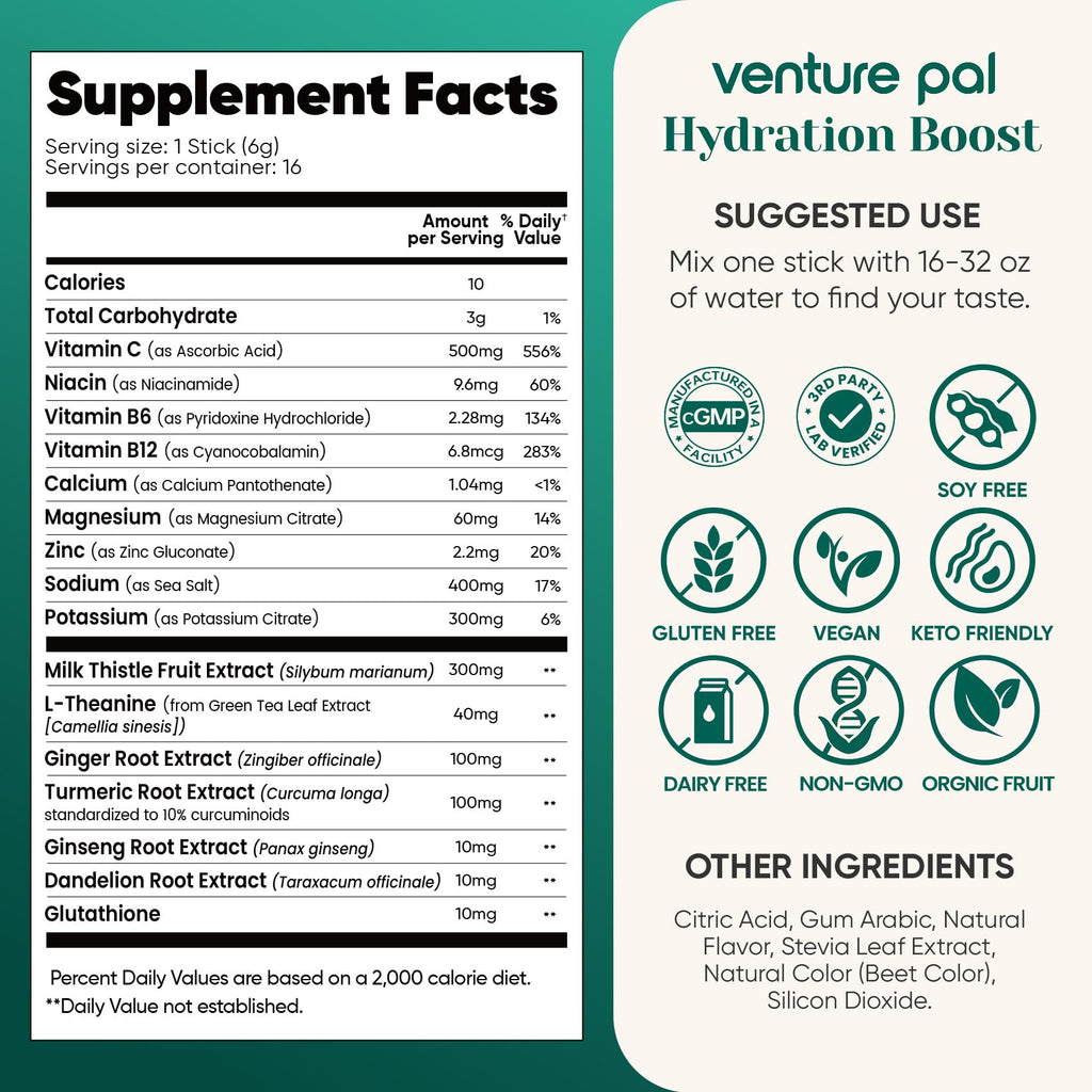 Venture Pal Hydration Packets + Liver Support- Liquid Daily IV Electrolyte Powder Packets with 7 Electrolytes & 5 Vitamins, Milk Thistle + L-Theanine | Sugar-Free