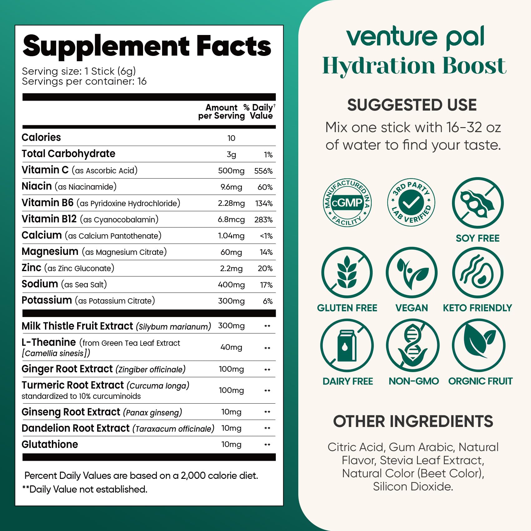 Venture Pal Hydration Packets + Liver Support- Liquid Daily IV Electrolyte Powder Packets with 7 Electrolytes & 5 Vitamins, Milk Thistle + L-Theanine | Sugar-Free
