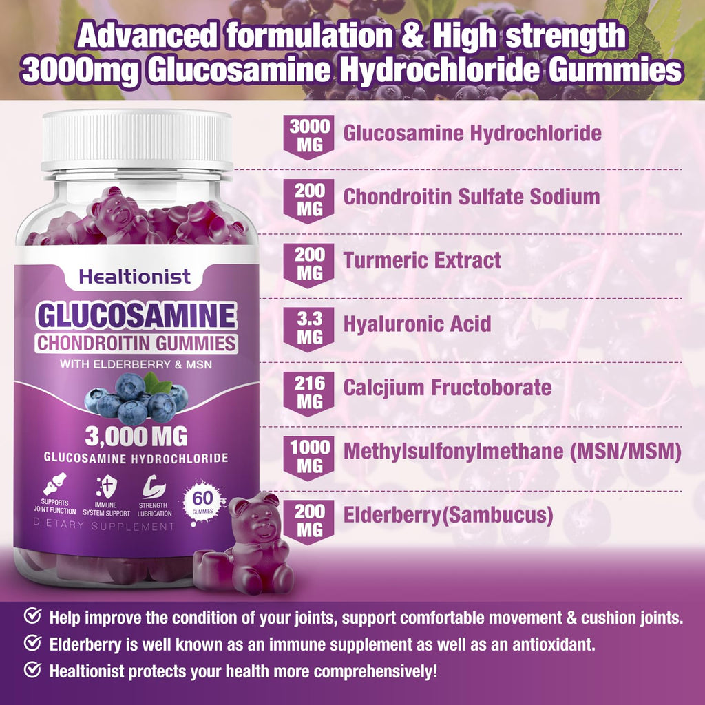 Healtionist 2 Packs 3000mg Glucosamine Chondroitin Gummies with MSM & Elderberry